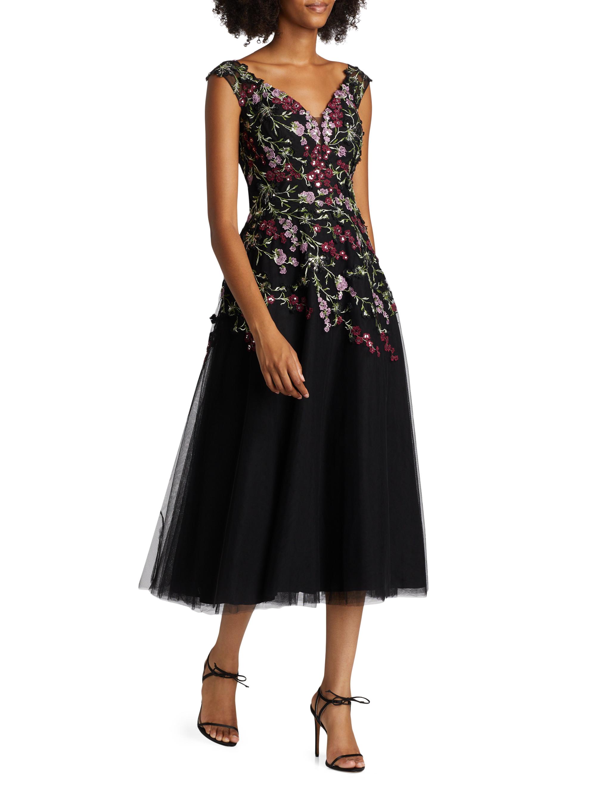 Teri Jon by Rickie Freeman Women's Embroidered Tulle Fit &Flare Midi-Dress - Black Multi - detail view in Black multi