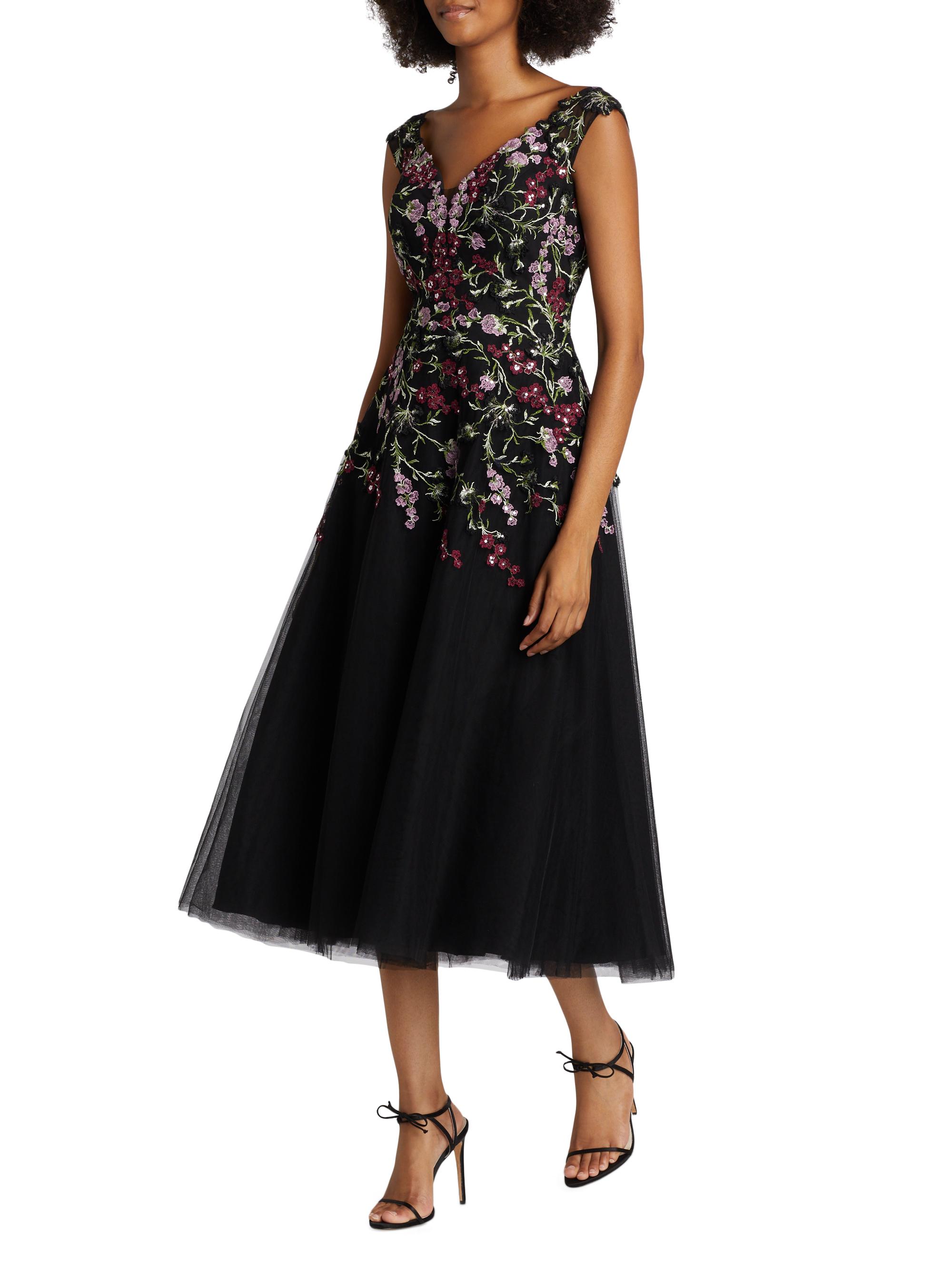 Teri Jon by Rickie Freeman Women's Embroidered Tulle Fit &Flare Midi-Dress - Black Multi - back view in Black multi