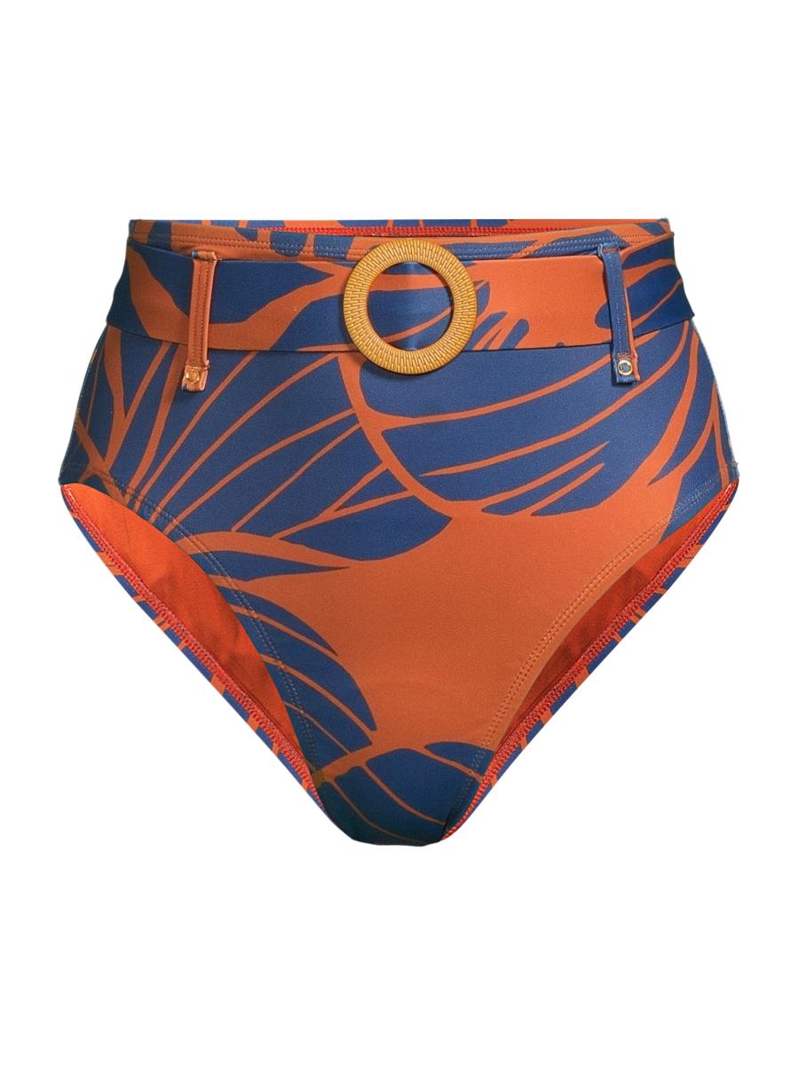 Hutch Women's Pacie Floral Belted High-waisted Bikini Bottom In Copper Block Print Plumeria