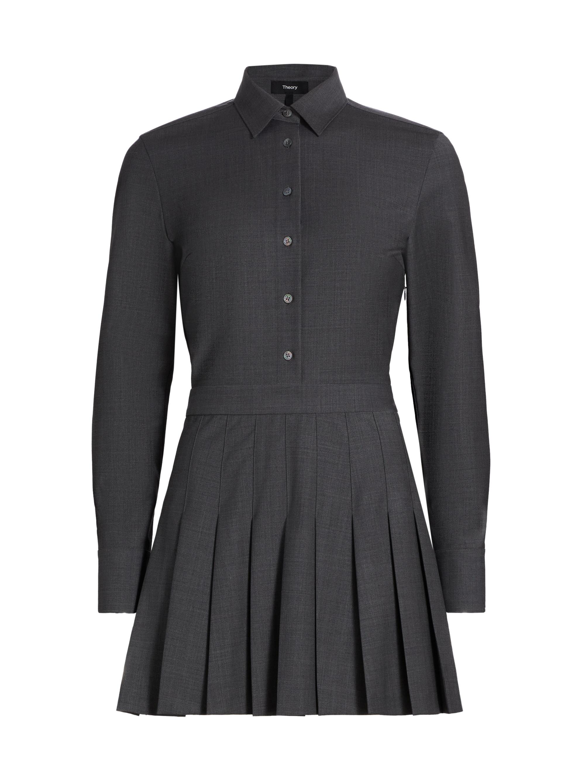 Theory Women's Wool-Blend Pleated-Skirt Mini-Shirtdress - Charcoal Melange