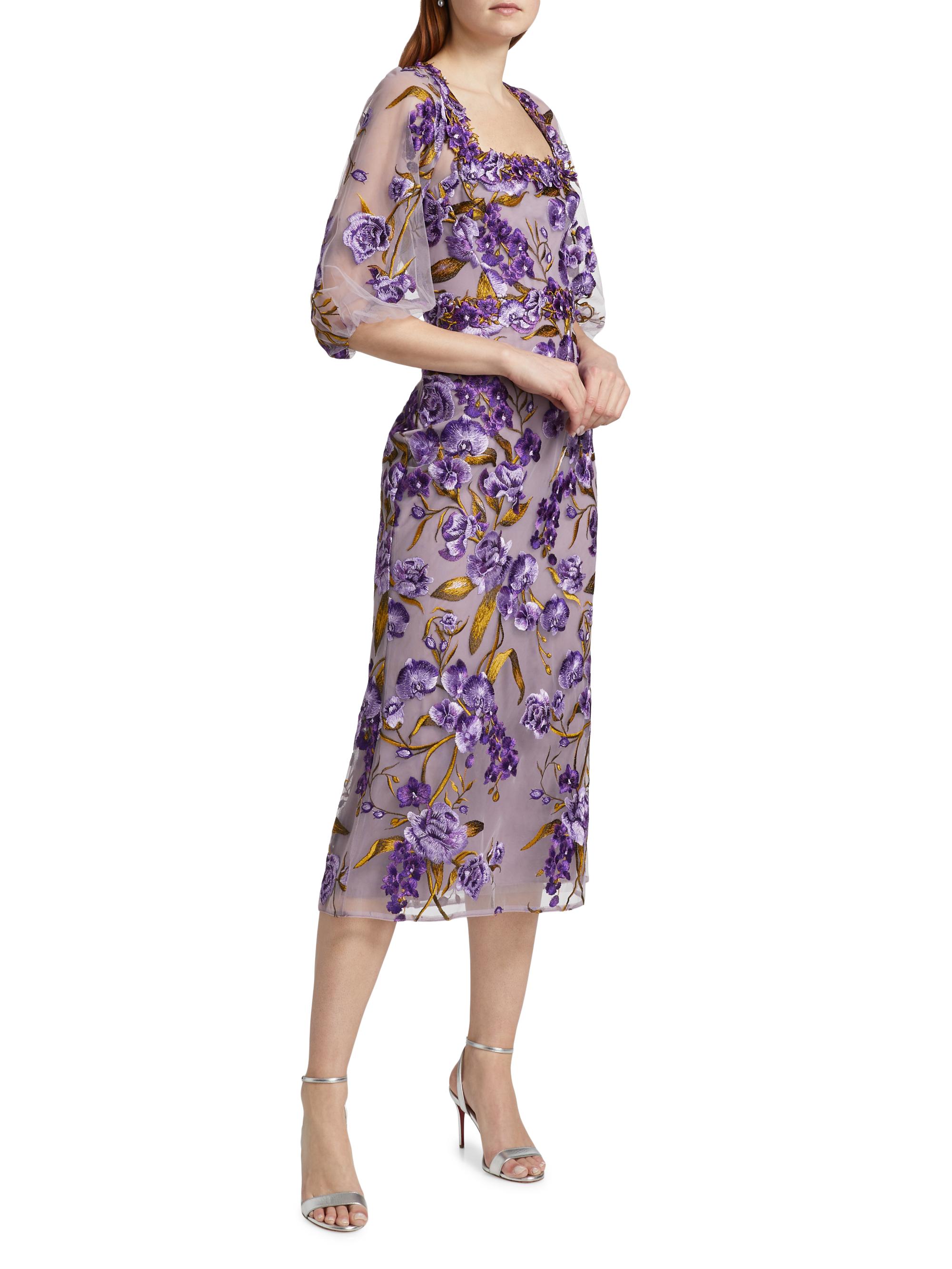 Marchesa Notte Orchid & Rose Embroidered Tulle Cocktail Dress