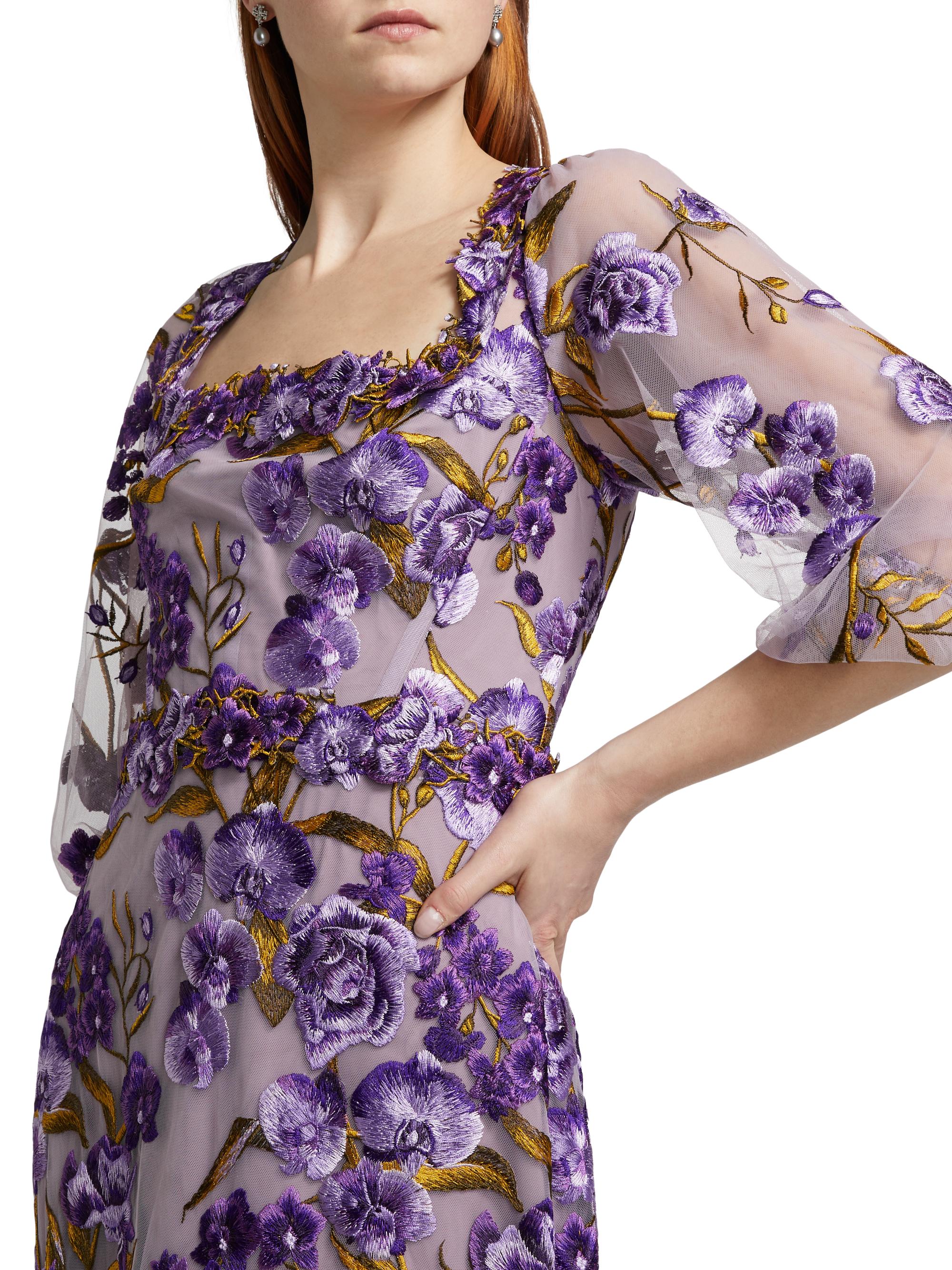 Marchesa Notte Orchid & Rose Embroidered Tulle Cocktail Dress