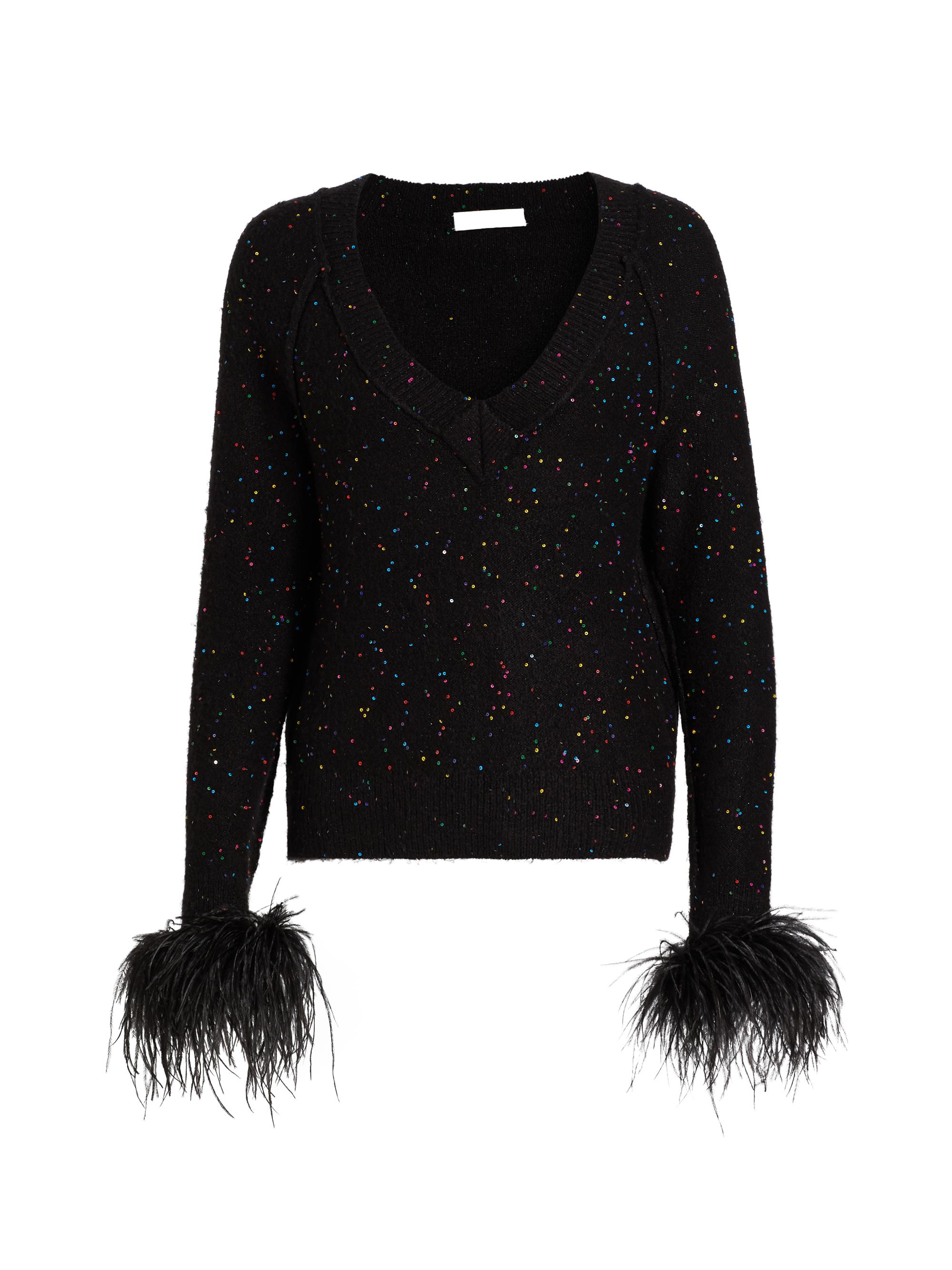 Milly Women's Sequin-Feather V-Neck Sweater - Black Multi