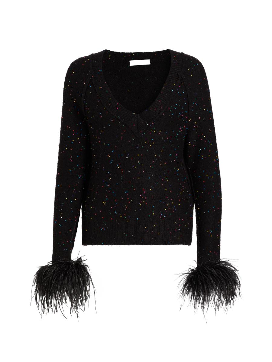 Milly Women's Sequin-feather V-neck Sweater In Multi