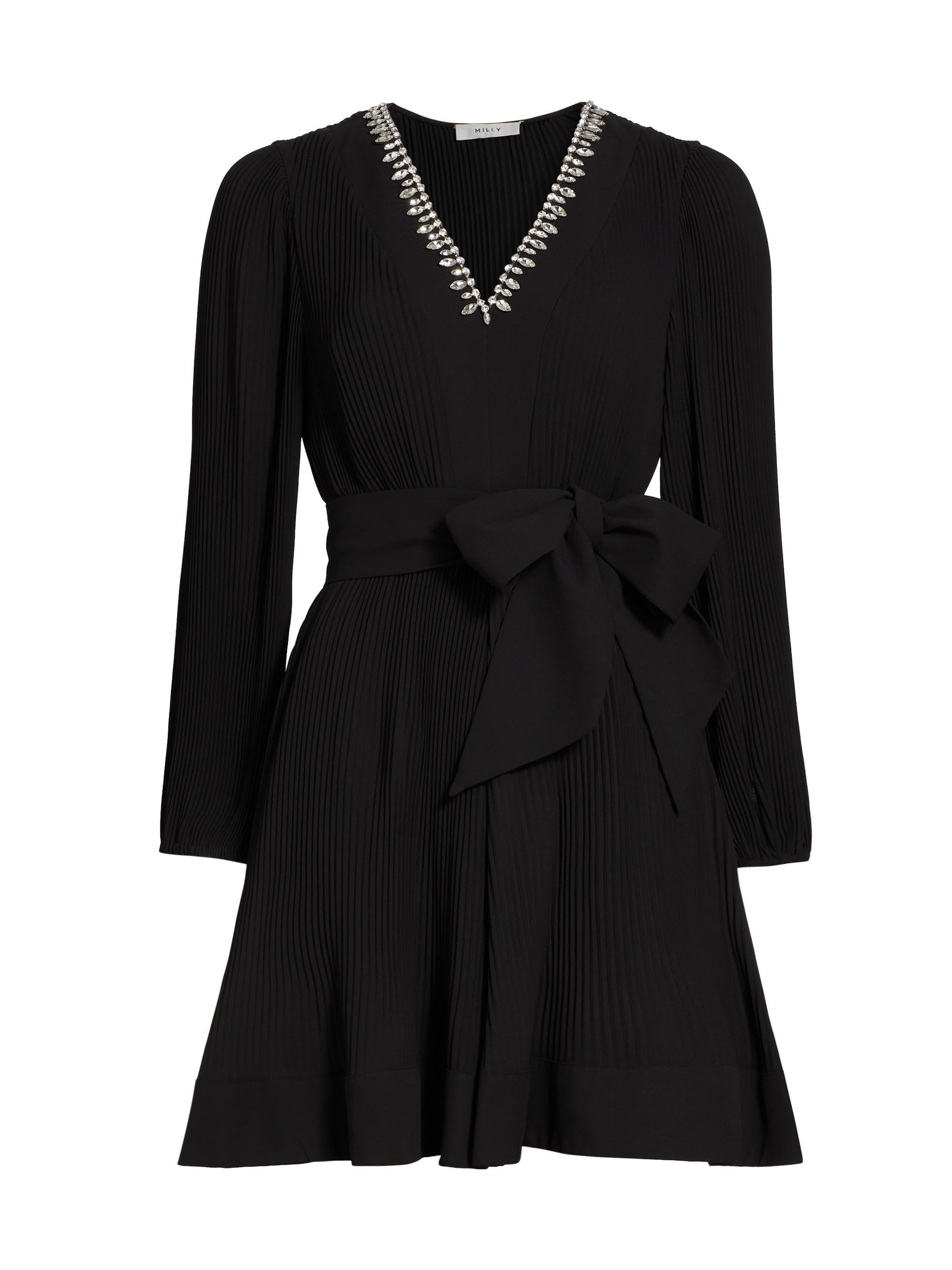 Milly Women's Liv Embellished Pleated V-Neck Minidress - Black