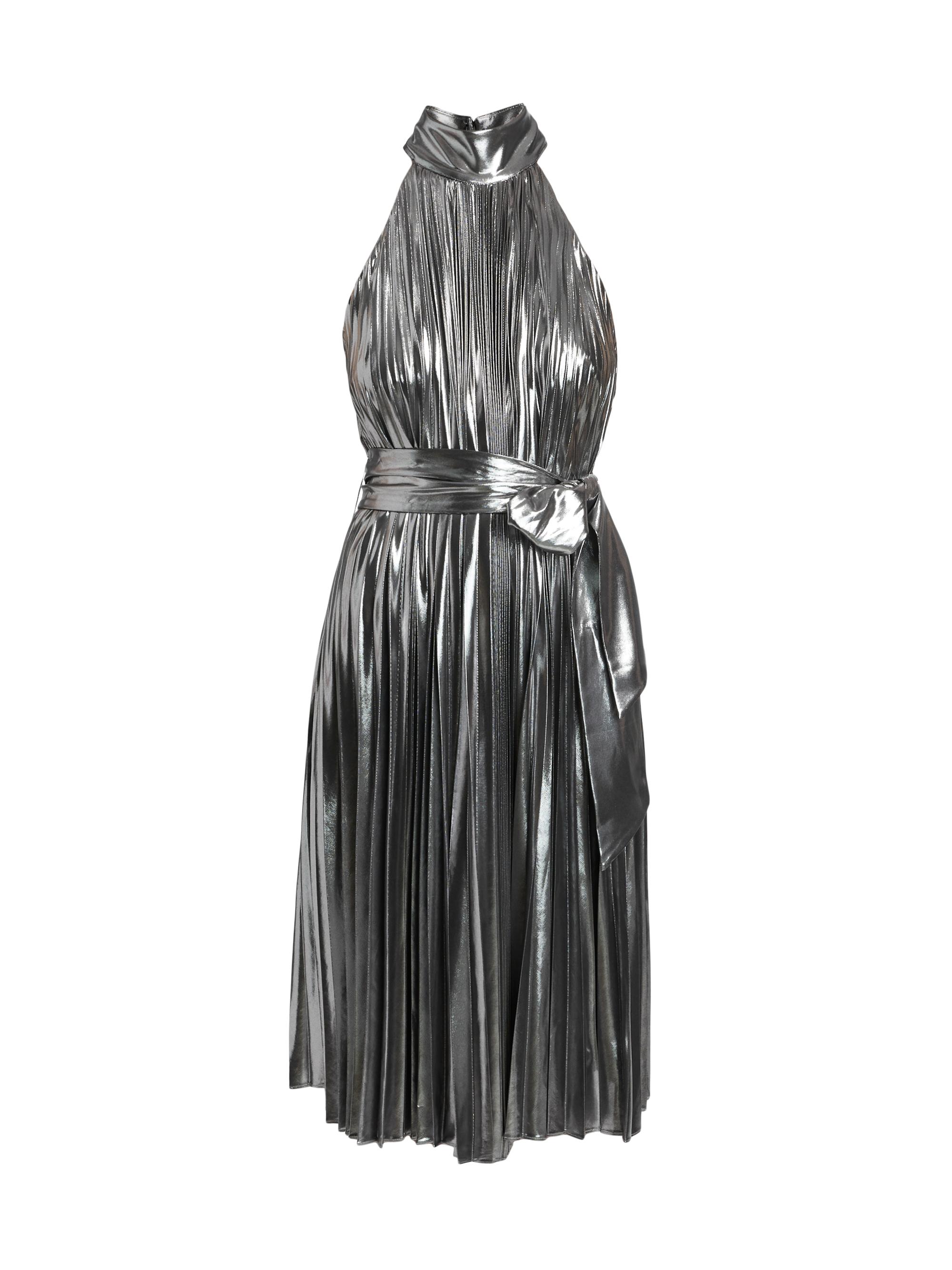 Milly Women's Idena Metallic Pleated Halter Midi-Dress - Silver