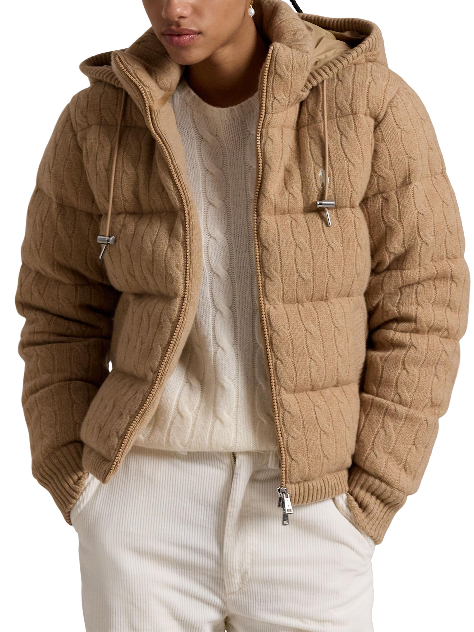 Polo Ralph Lauren Women's Wool-Blend Cable-Knit Hooded Down Jacket - Collection Camel Melange