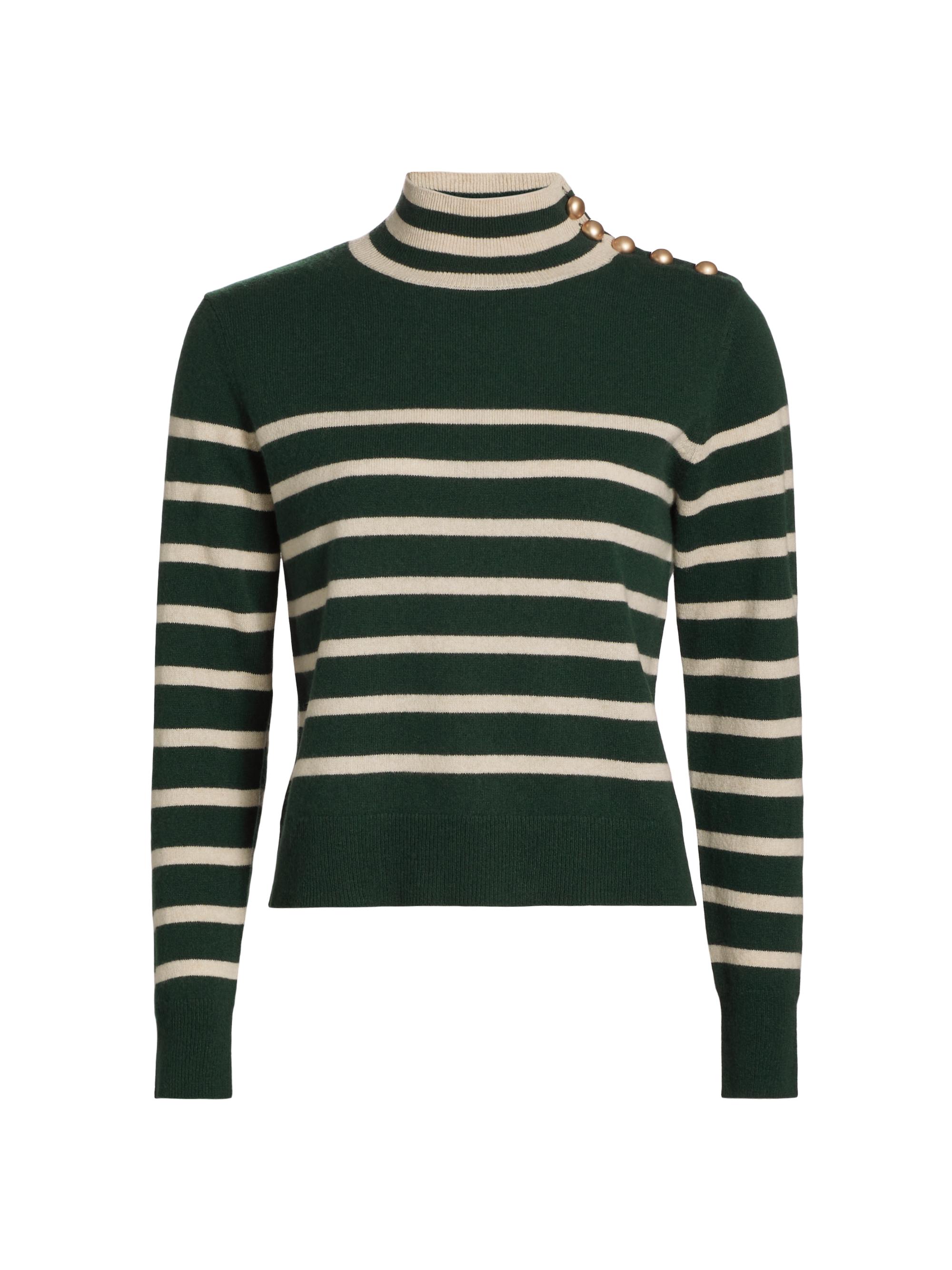 Saks Fifth Avenue Women's Striped Cashmere Sweater - Green Bottle Creamy Heather