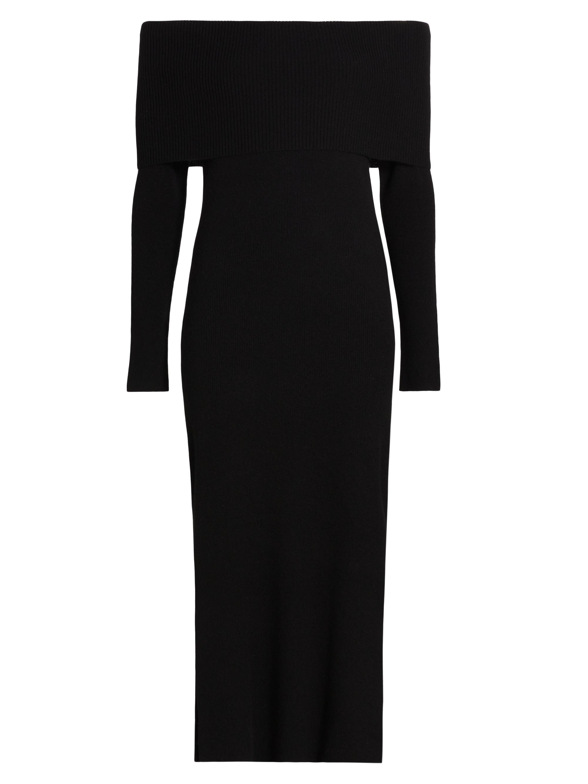 knee length dresses for ladies Bardot neckline midi dress in Cashmere, Silk Women black