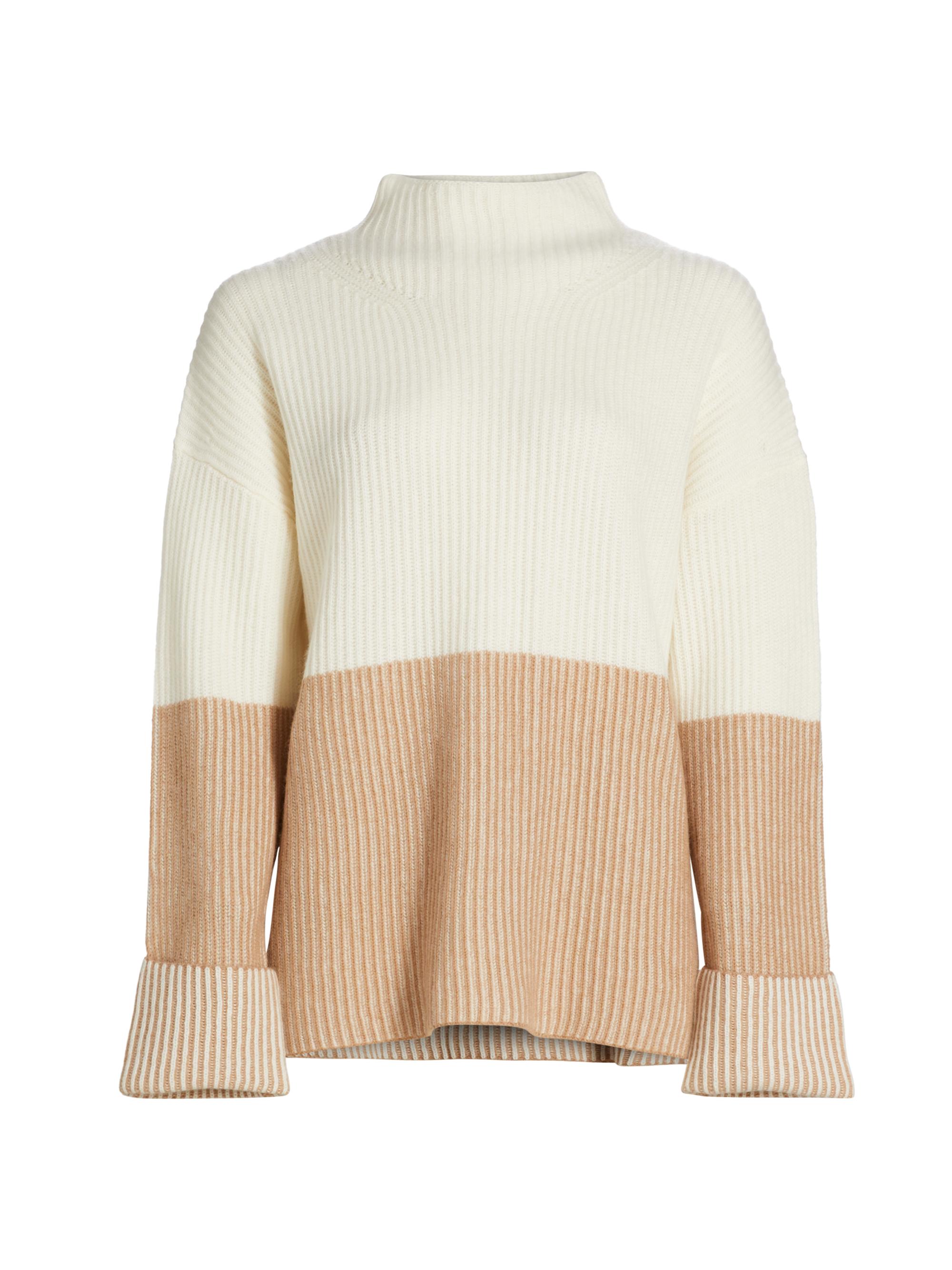 Saks Fifth Avenue Women's COLLECTION Cashmere Funnel-Neck Twisted Rib-Knit Sweater - Frost White Tender Camel