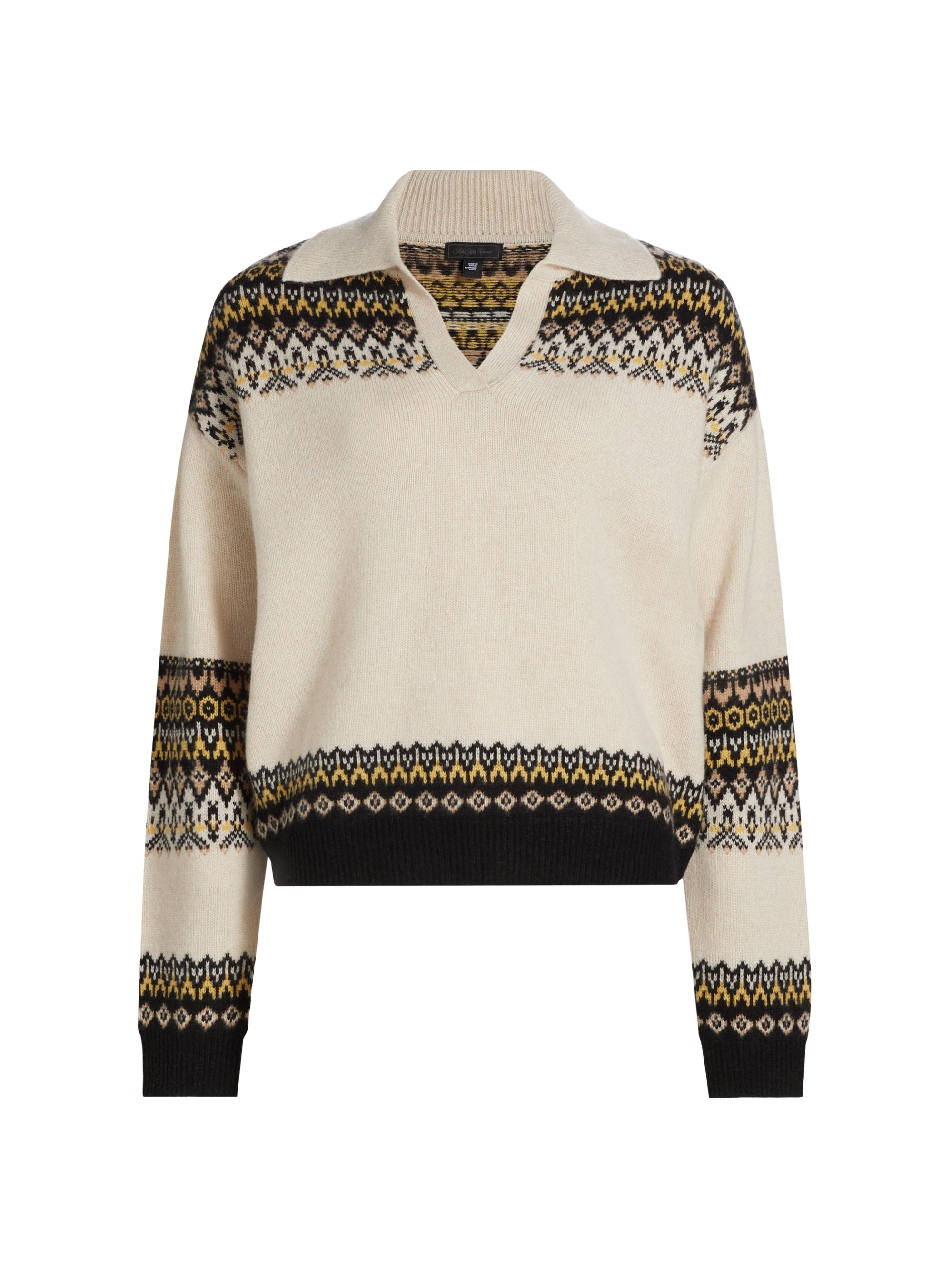 Saks Fifth Avenue Women's COLLECTION Cashmere Open Collar Fair Isle Sweater - Creamy Heather Combo