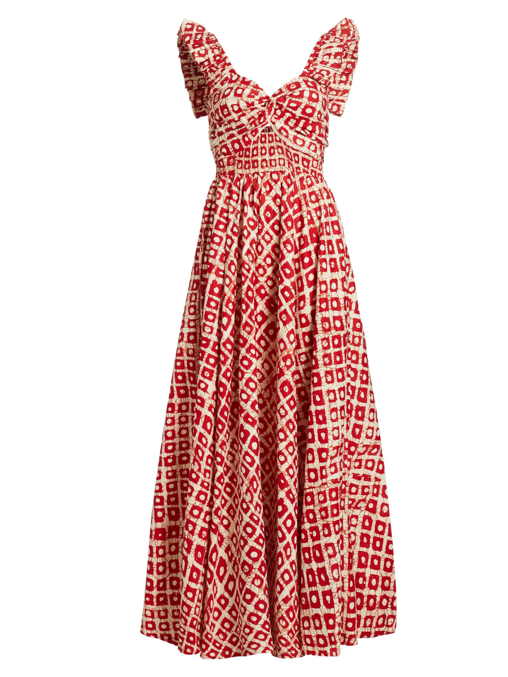 Elisamama Women's Ibukun Abstract Ruffled Cotton Midi-Dress - Red