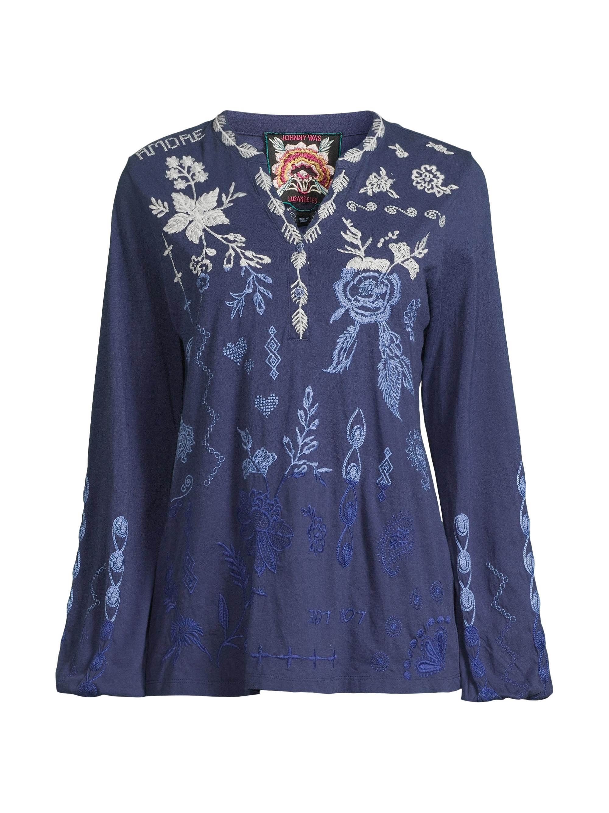 Johnny Was Women's Laura Bishop-Sleeve Henley Top - Navy