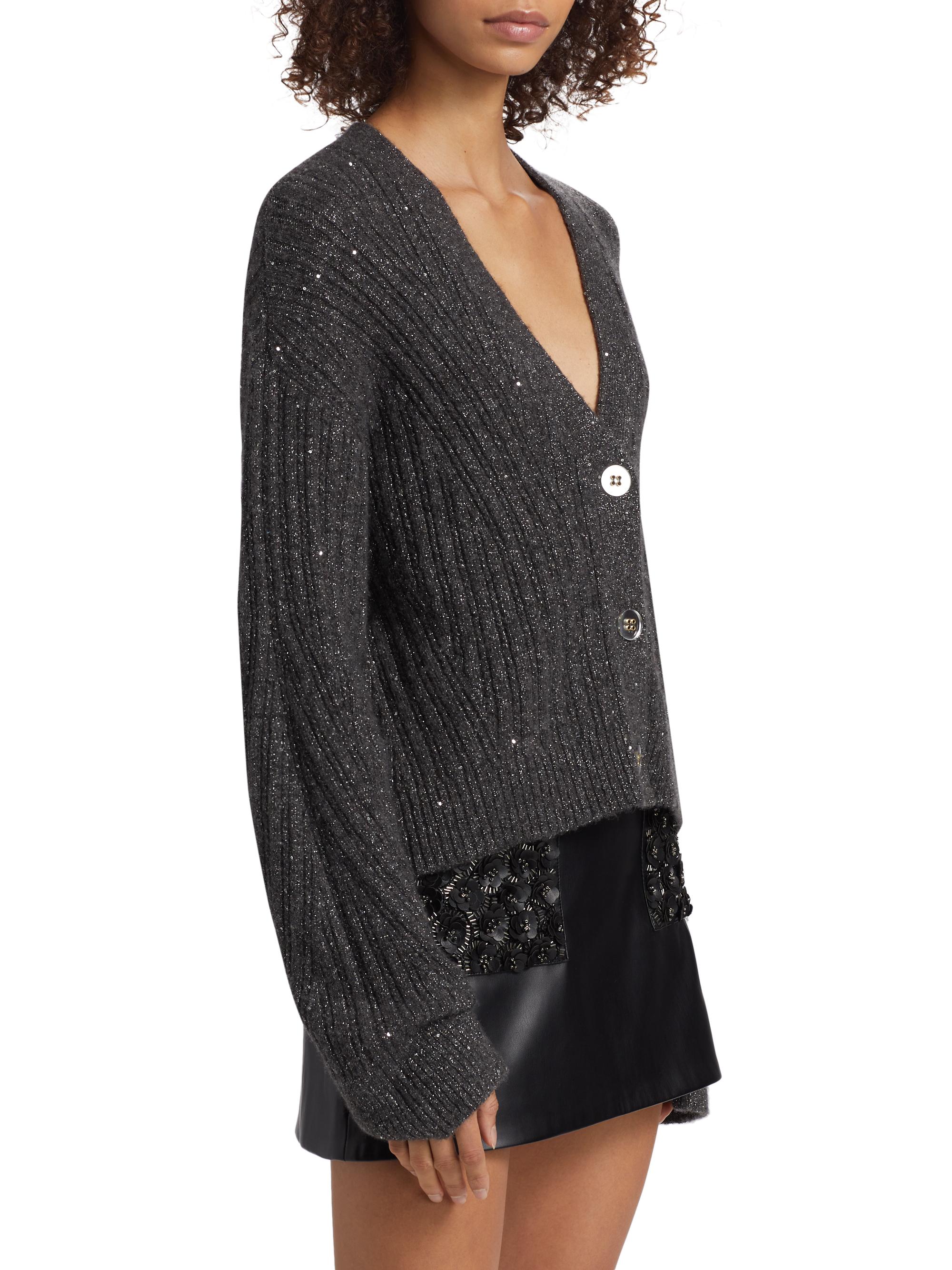 Ramy Brook Cornelius Metallic Rib-Knit V-Neck Cardigan | Saks