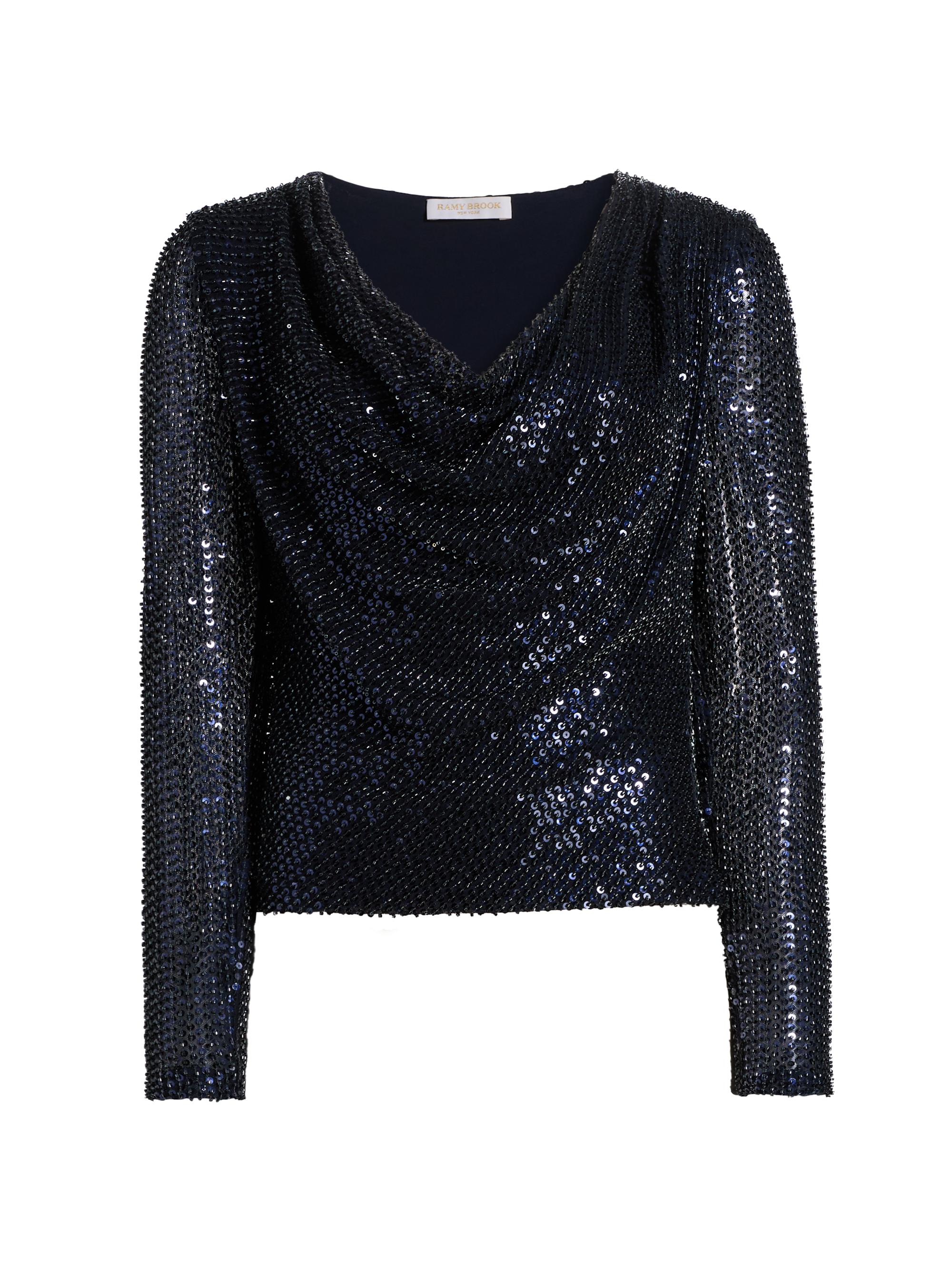 Ramy Brook Women's Leon Sequined Cowlneck Top - Navy Beaded Mesh