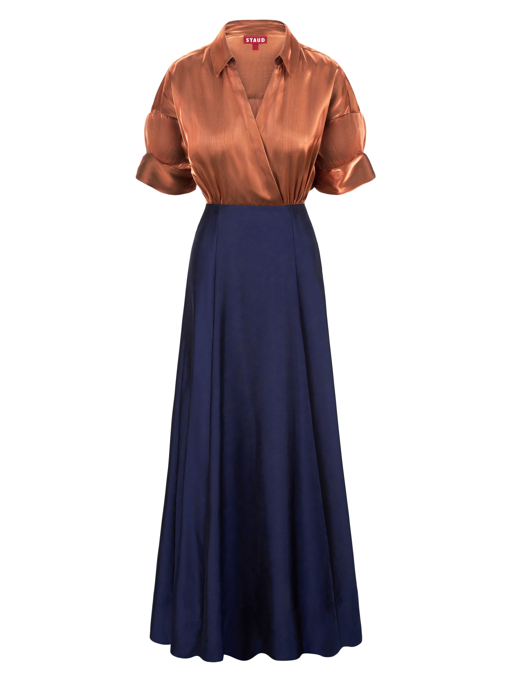 slim fit dress slacks Staud Greta Fawn Mother of Pearl Silk Maxi Dress