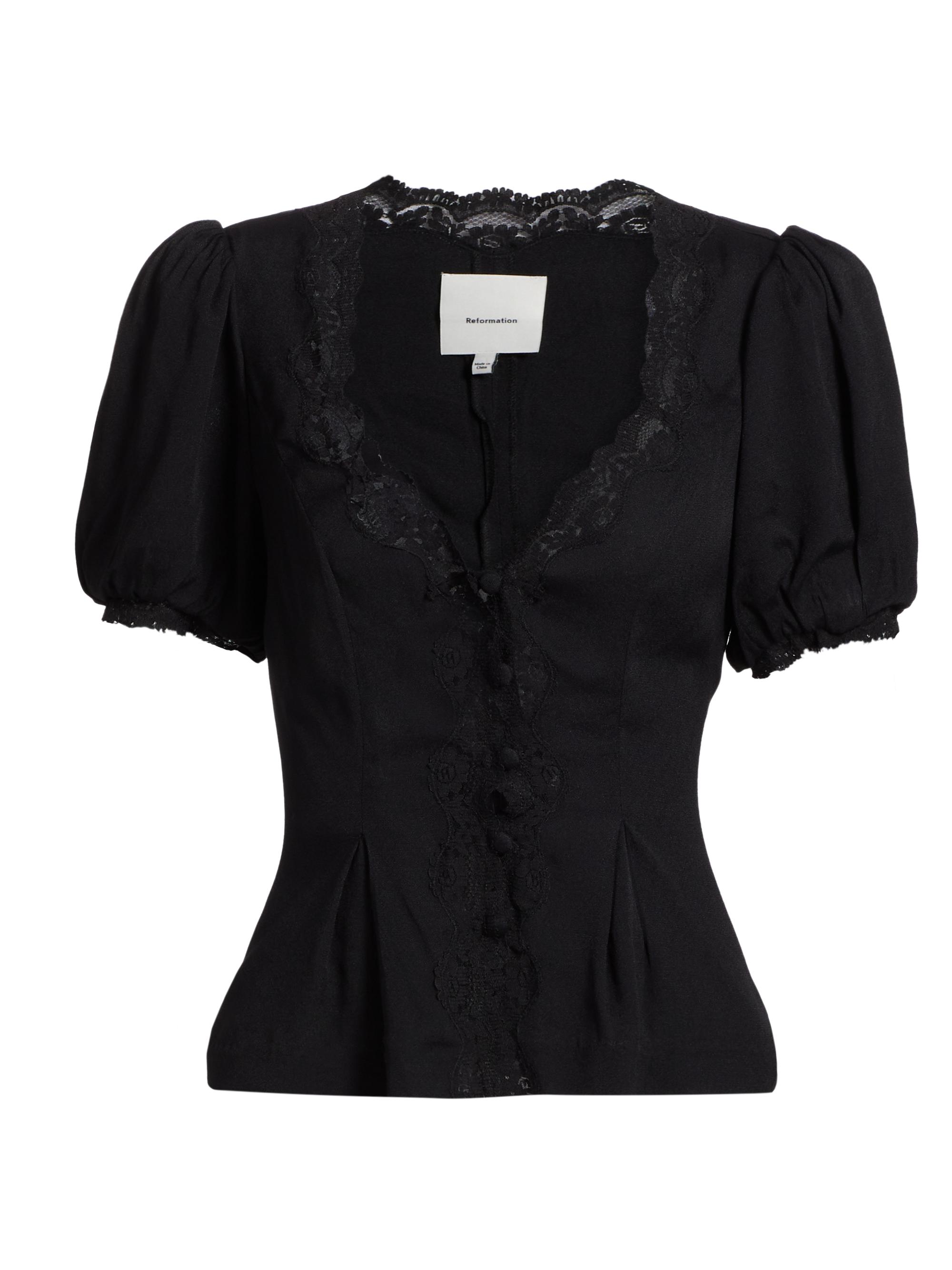 Reformation Women's Minette Crepe-Lace V-Neck Top - Black