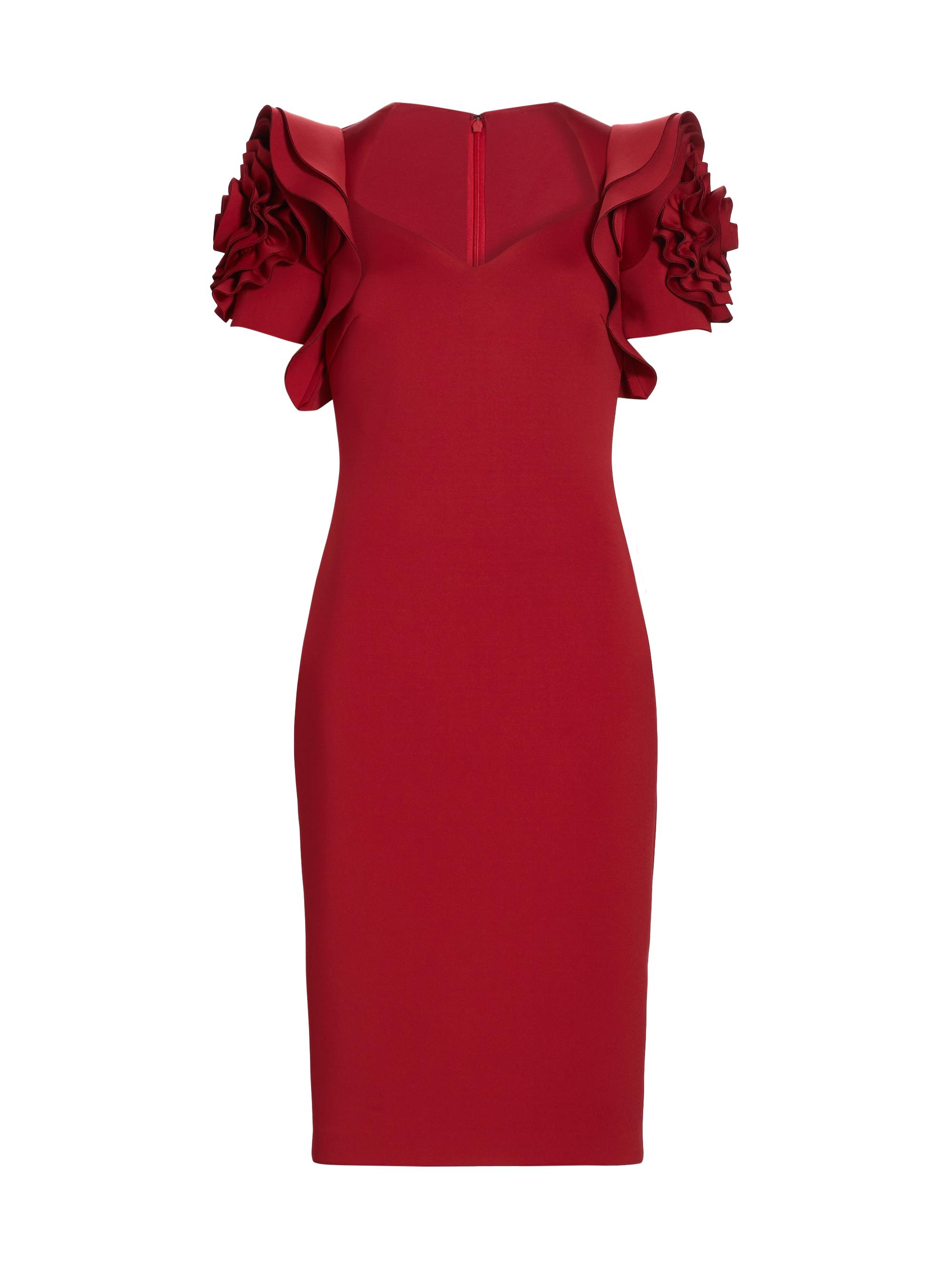 Badgley Mischka Women's Stretch Scuba Ruffle Short-Sleeve Midi-Dress - Wine