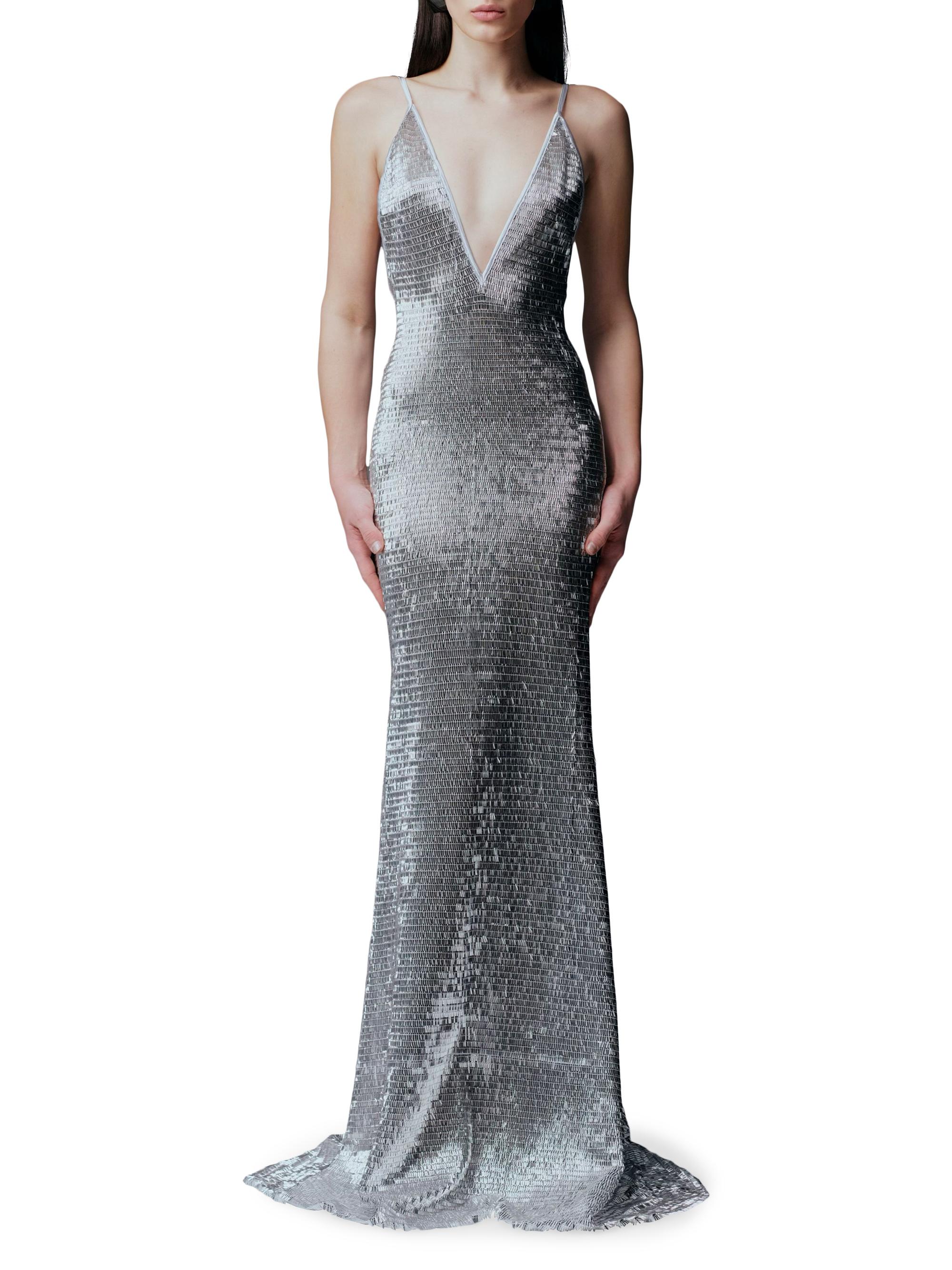 The New Arrivals Ilkyaz Ozel Claudie Shimmer Plunge Maxi Dress