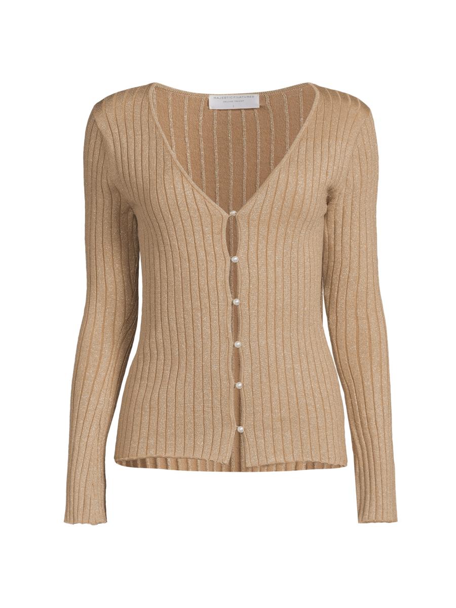 Majestic Filatures Metallic Rib-Knit V-Neck Cardigan | Saks