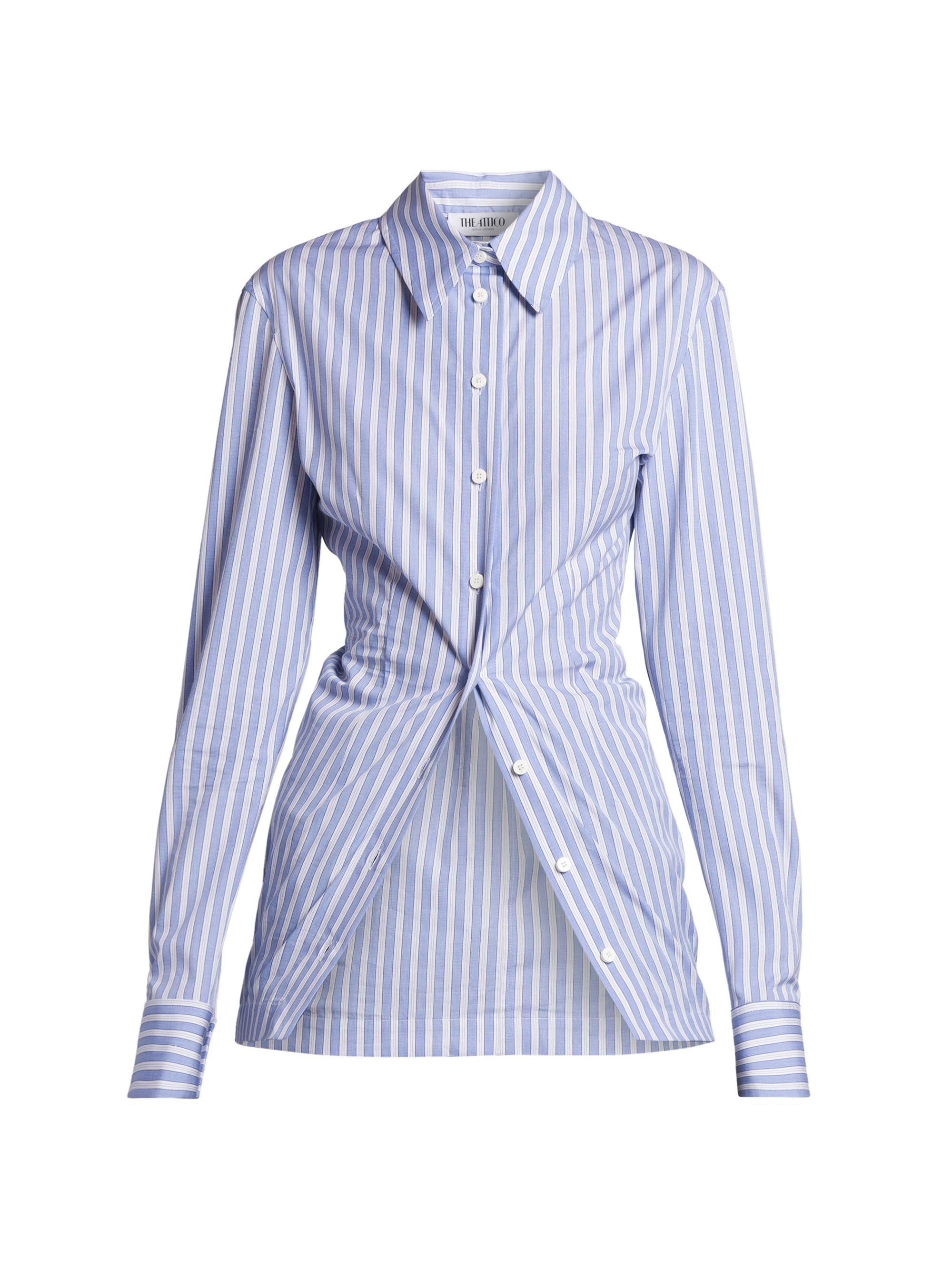 The Attico Women's Gathered Striped Cotton Shirt - White Navy Blue