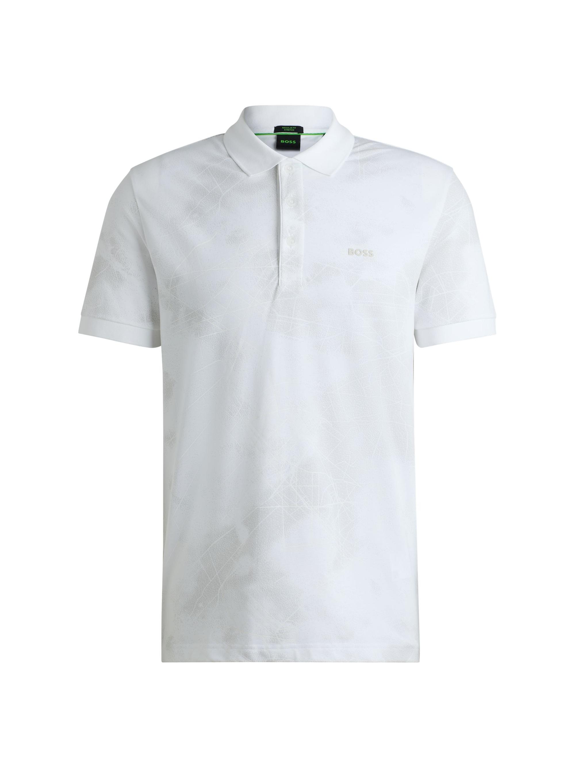 BOSS Men's Polo Shirt with Decorative Reflective Print - White