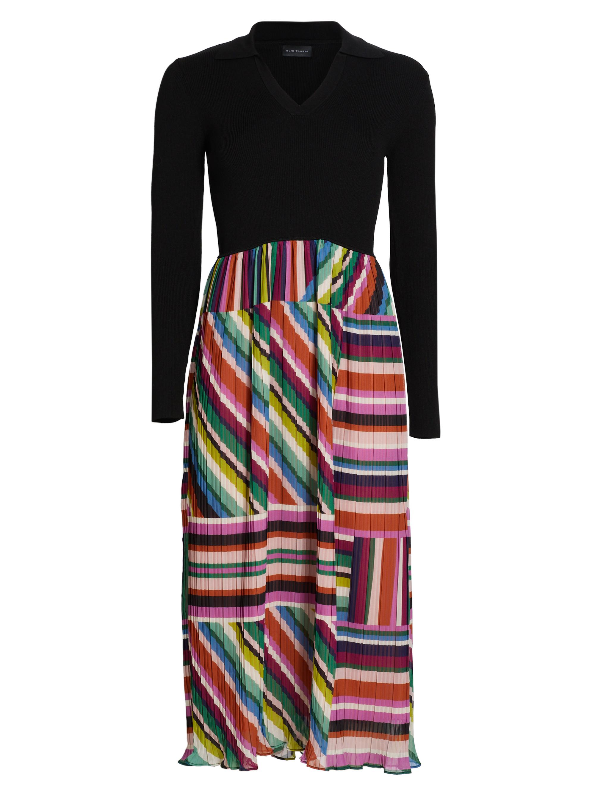 Elie Tahari Women's Mave Mix Media Pleated Midi-Dress - Noir Venus Stripe