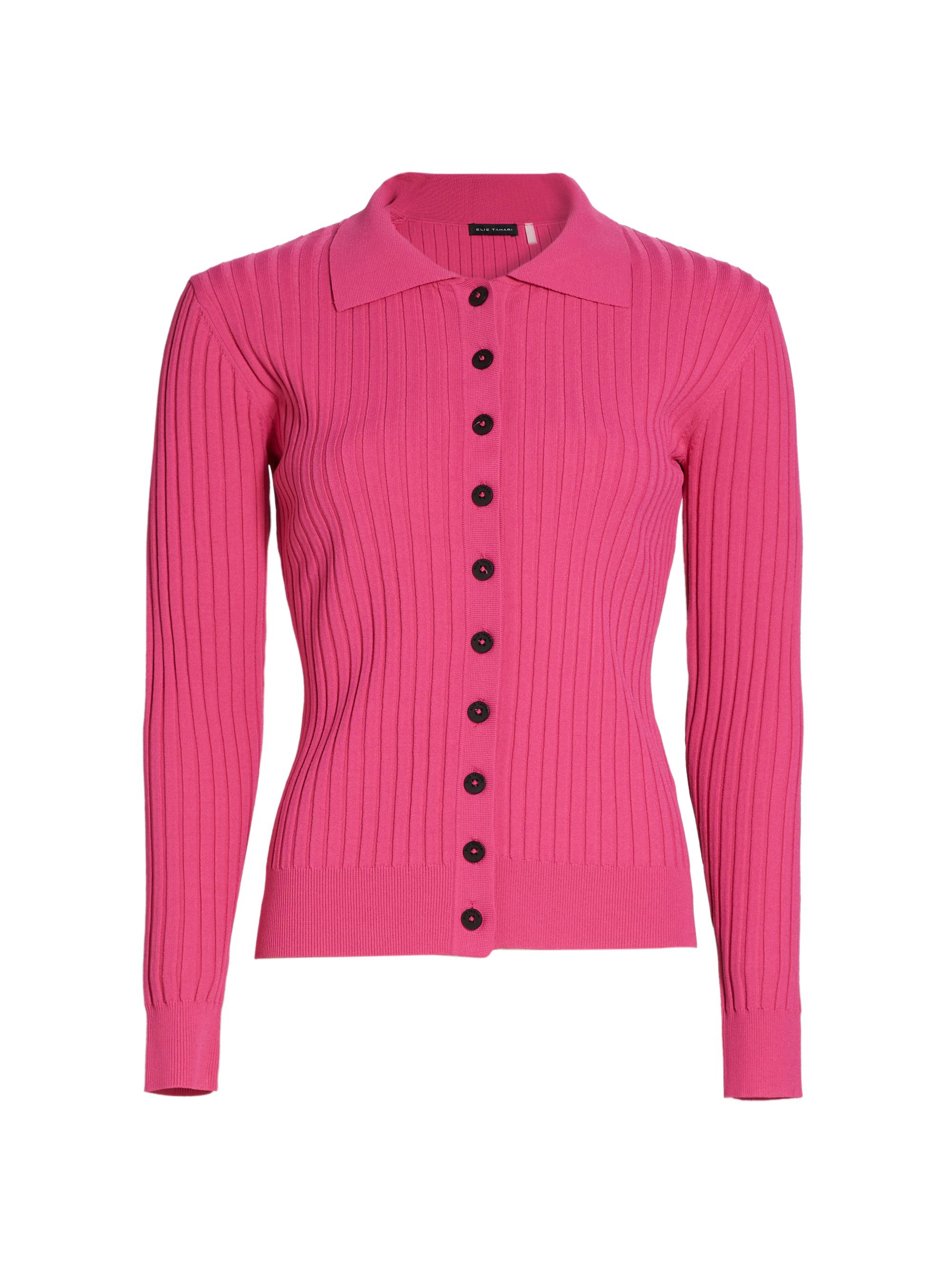 Elie Tahari Women's Mariella Rib-Knit Polo Cardigan - Haute Pink