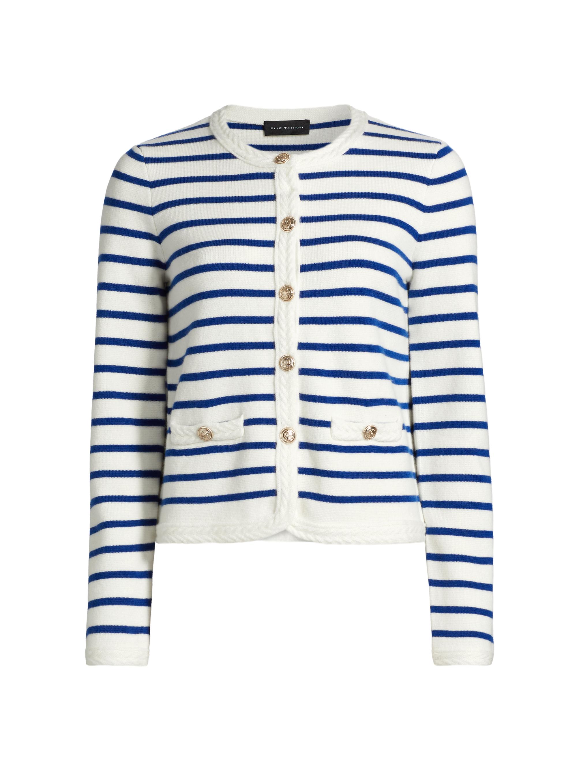 Elie Tahari Women's Makena Striped Wool-Cashmere Crewneck Cardigan - Sky White Daphne Blue Stripes