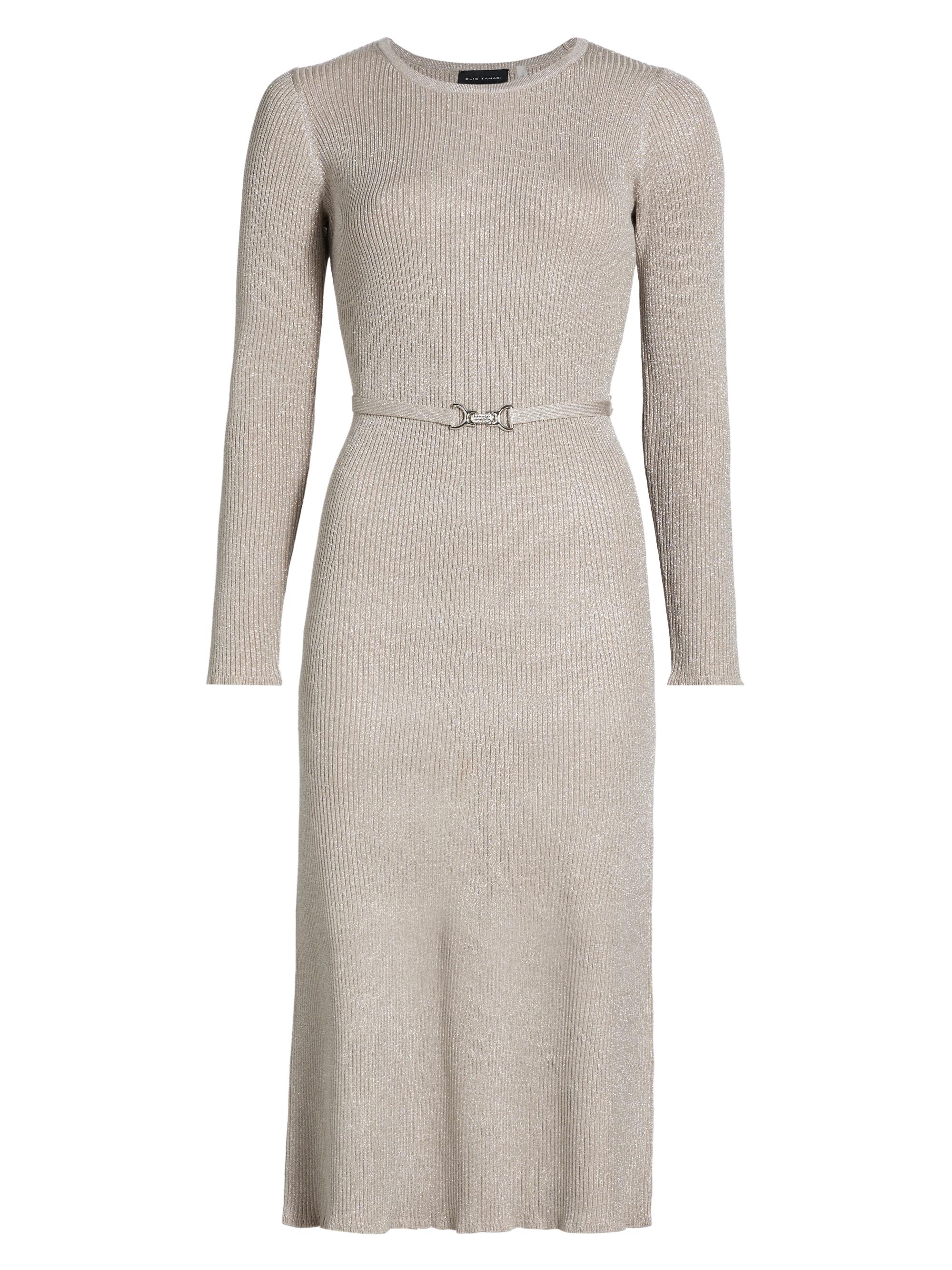Elie Tahari Women's Leith Metallic Rib-Knit Belted Midi-Dress - Shimmer Gold Silver Lurex