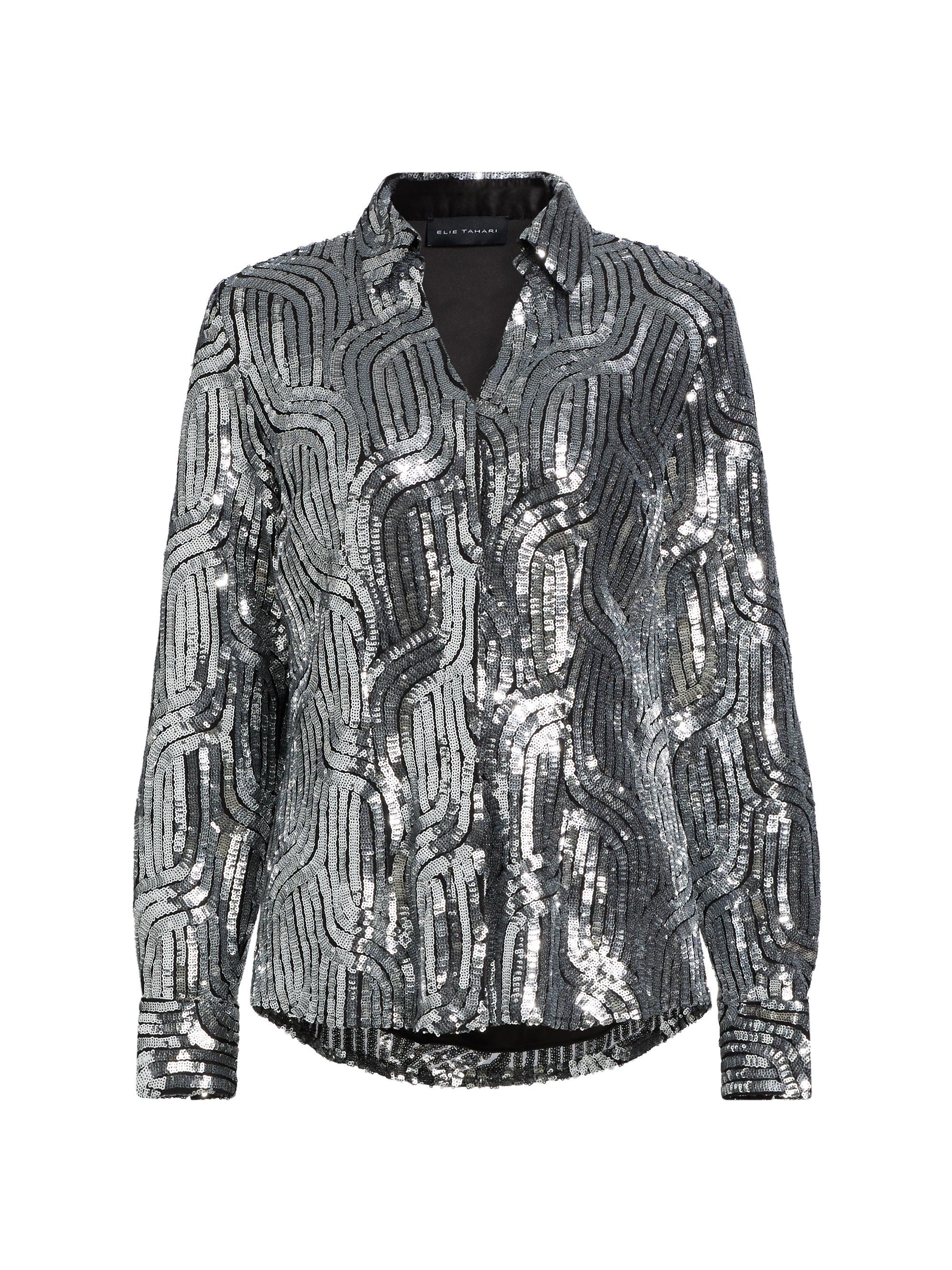 Elie Tahari Women's The Bella Sequined Button-Front Blouse - Noir With Silver Sequins