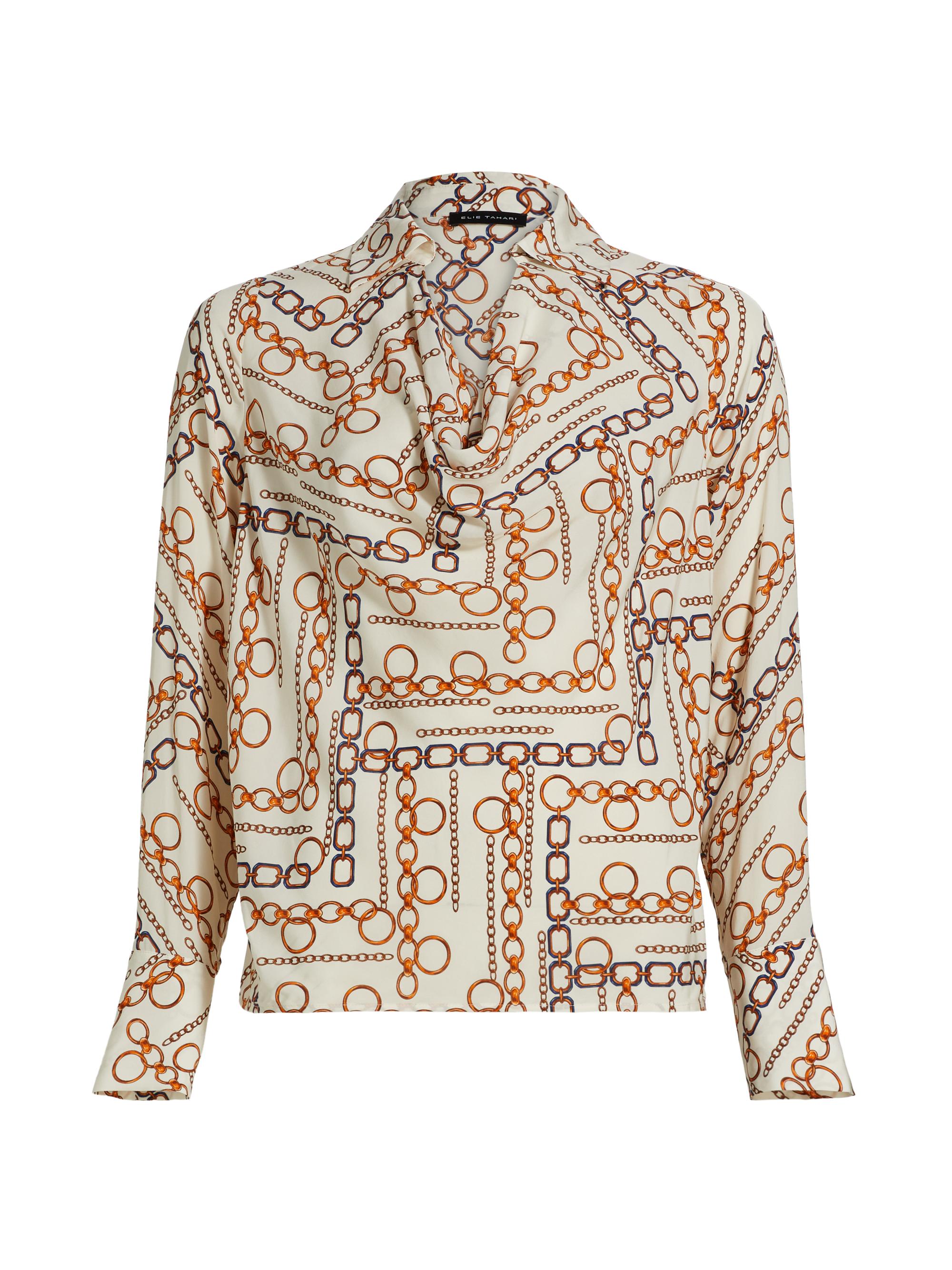 Elie Tahari Women's The Ciaran Gilded Chain Printed Draped Blouse - Gilded Chain White