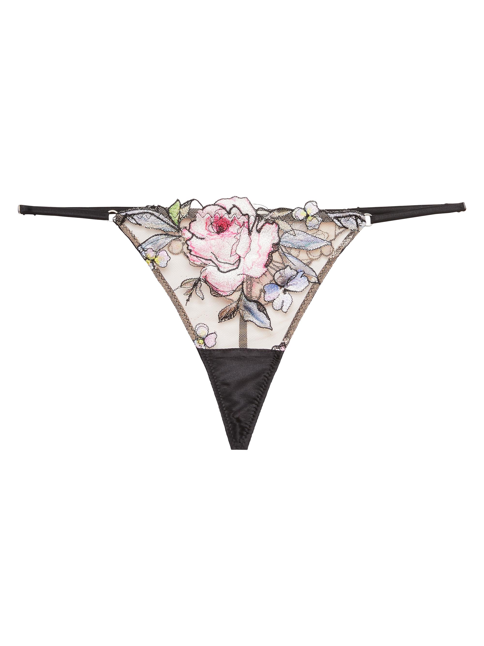 Fleur du Mal Women's Fidelia Floral Embroidered Silk-Tulle Thong - Black