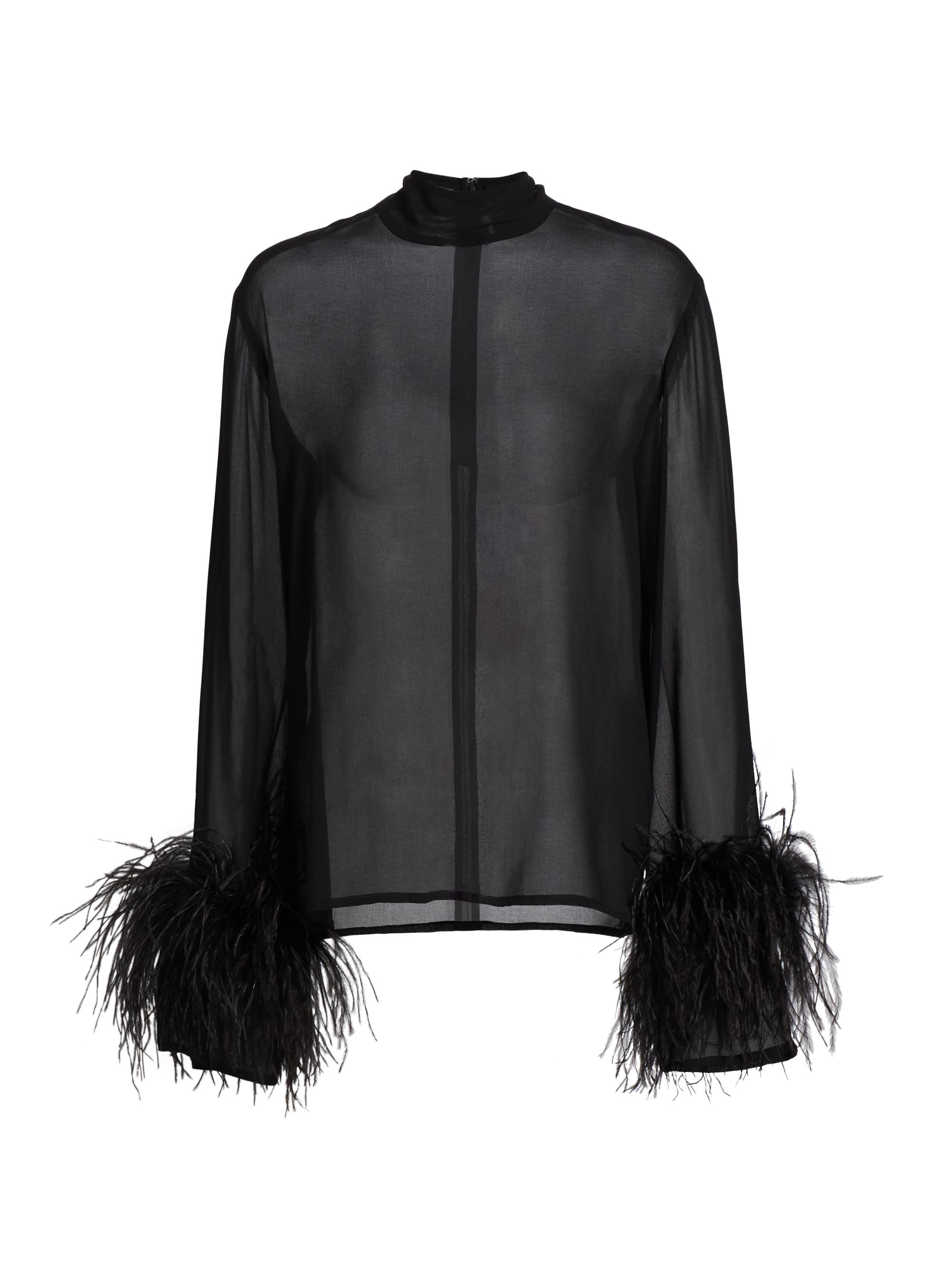 LaPointe Women's Feather-Trimmed Sheer Georgette Blouse - Black