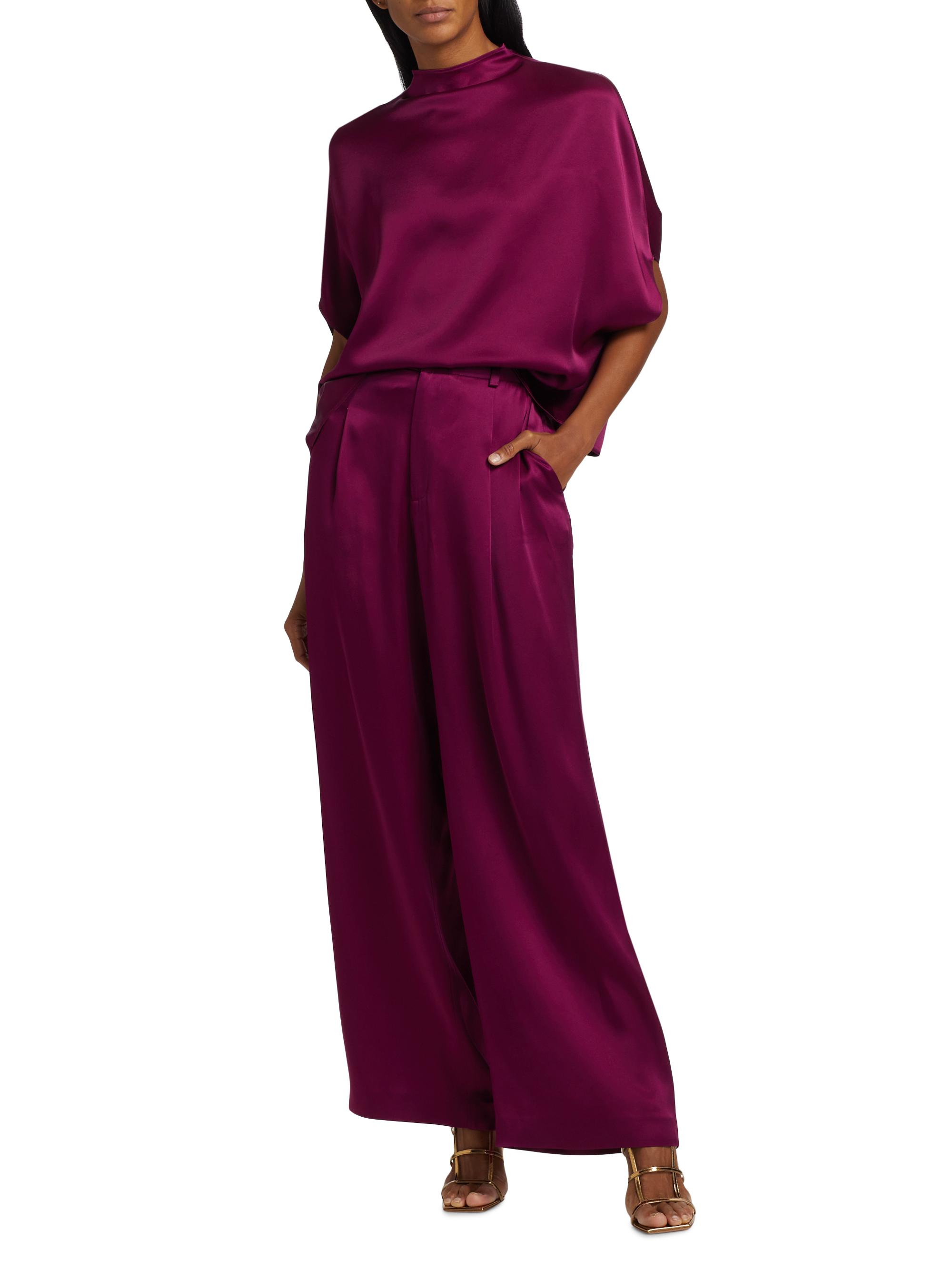 LaPointe Women's Relaxed Pleated Satin Pants - Berry | Thumbnail 2