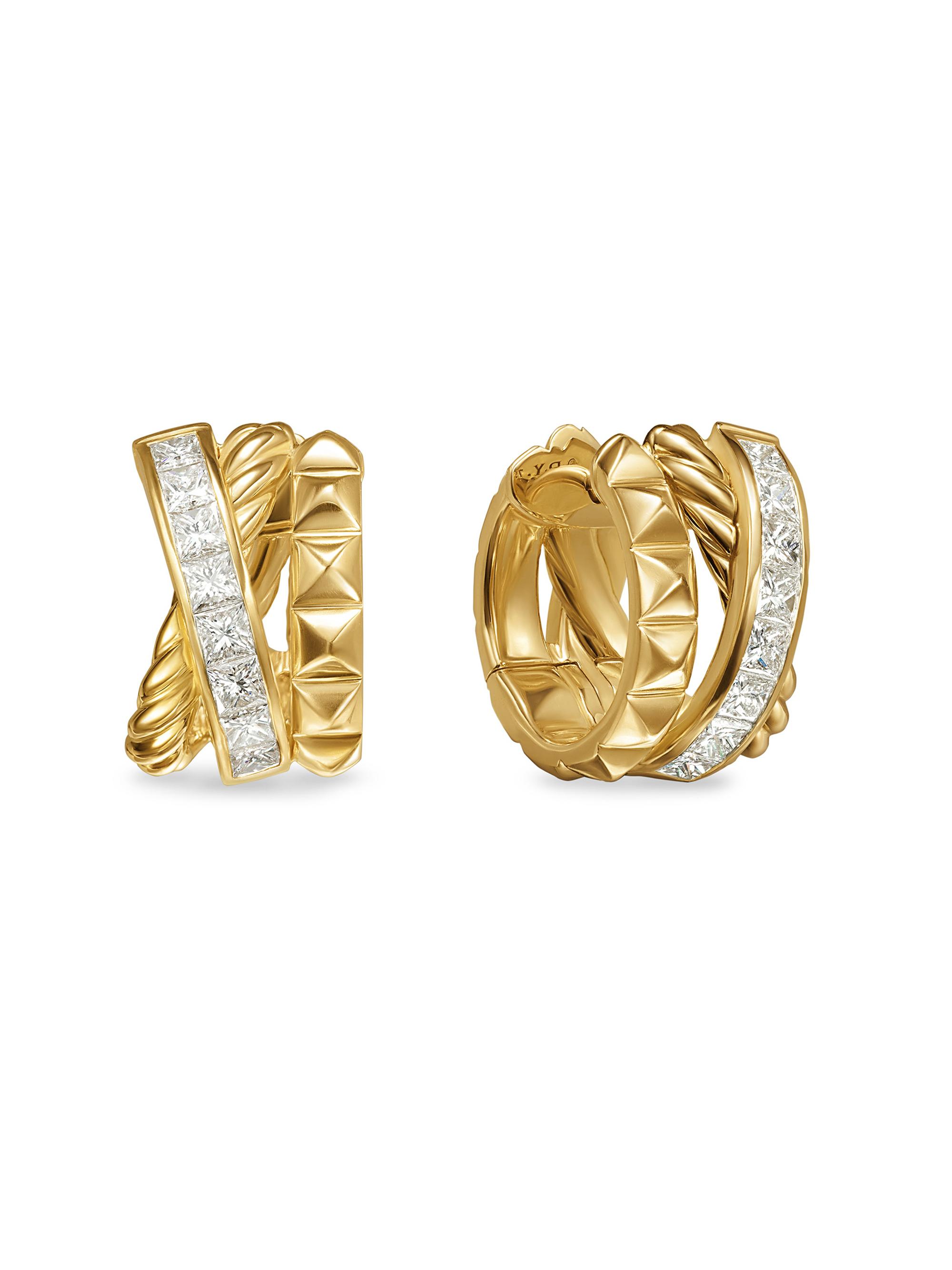 David Yurman Women's Crossover Trio Huggie Hoop Earrings in 18K Yellow Gold with Diamonds, 15.1MM - Gold