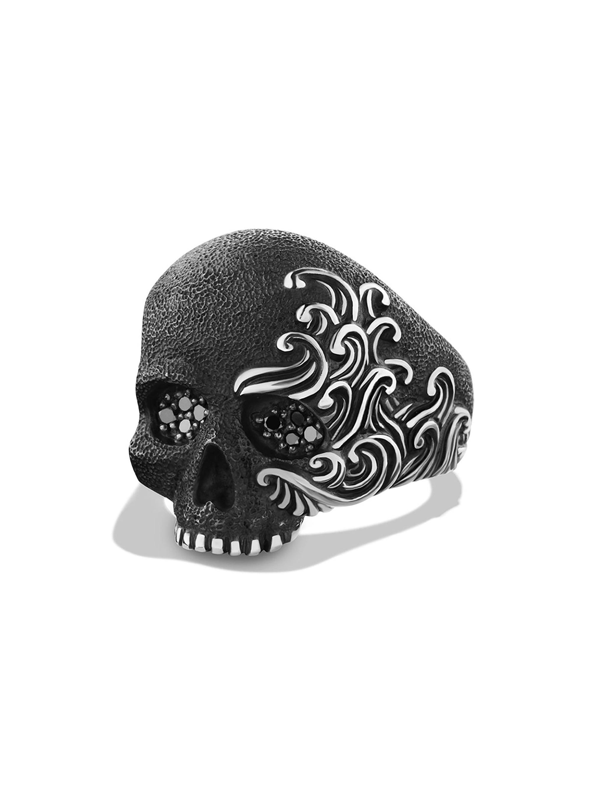 David Yurman Men's Waves Skull Ring in Sterling Silver, 24MM - Black Diamond
