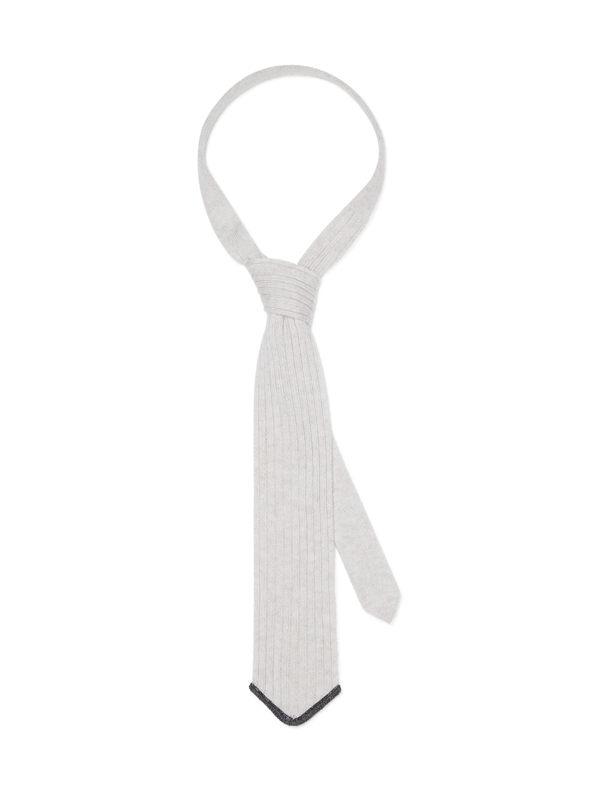 Brunello Cucinelli Women's Virgin Wool, Cashmere and Silk Rib Knit Tie with Monili - Light Grey