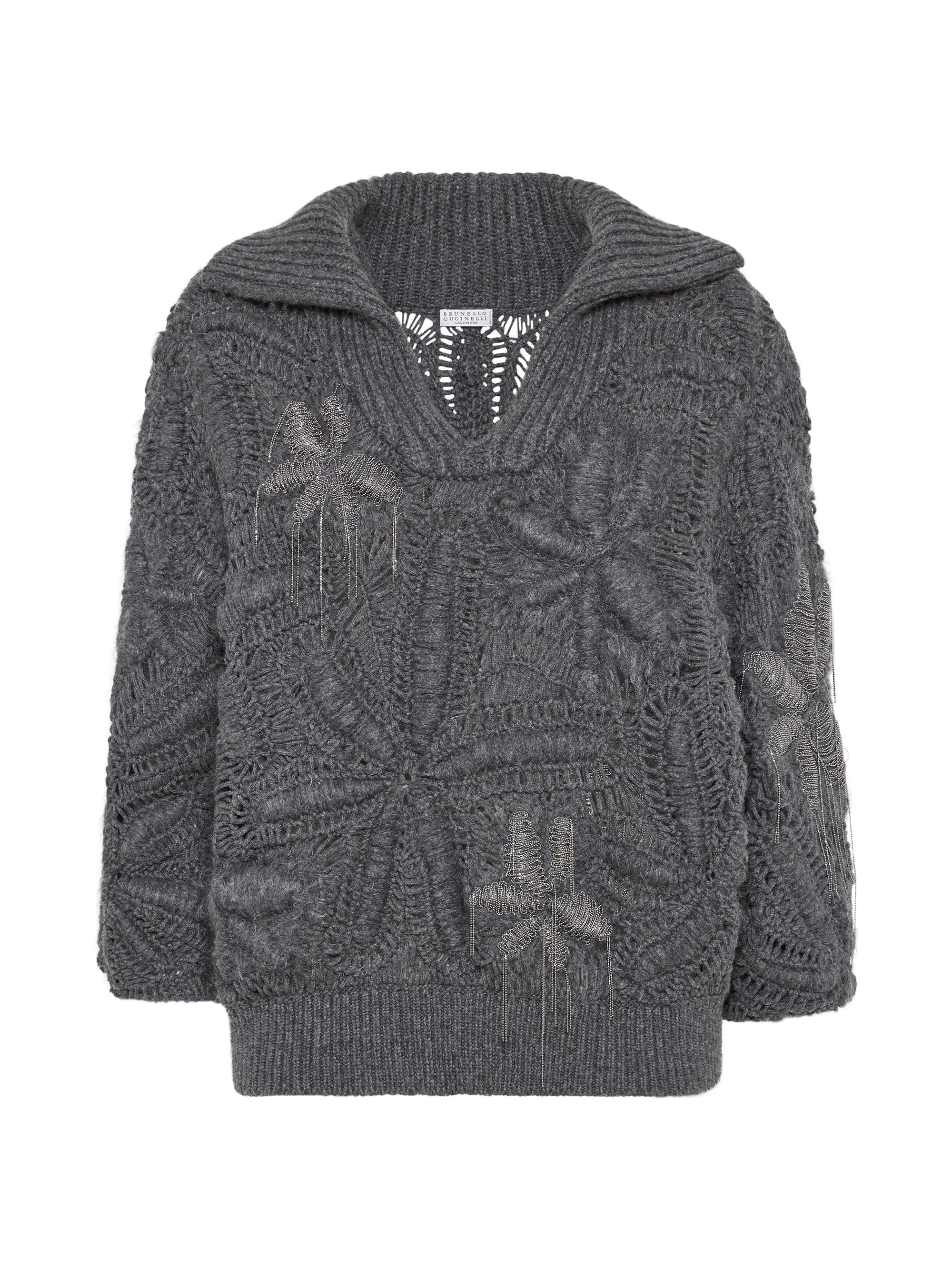 Brunello Cucinelli Women's Handmade Flower Crochet Opera Sweater in Cashmere Feather Yarn - Lead