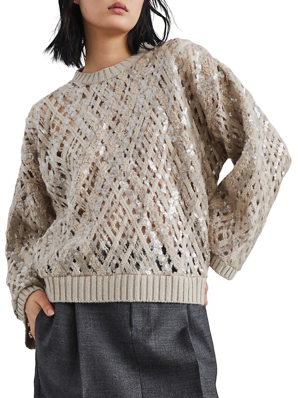 Shop Brunello Cucinelli Dazzling Mesh Embroidery Sweater in Shop Brunello Cucinelli Dazzling Mesh Embroidery Sweater in