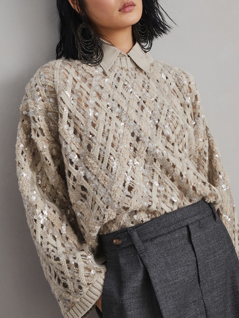 Shop Brunello Cucinelli Dazzling Mesh Embroidery Sweater in Shop Brunello Cucinelli Dazzling Mesh Embroidery Sweater in