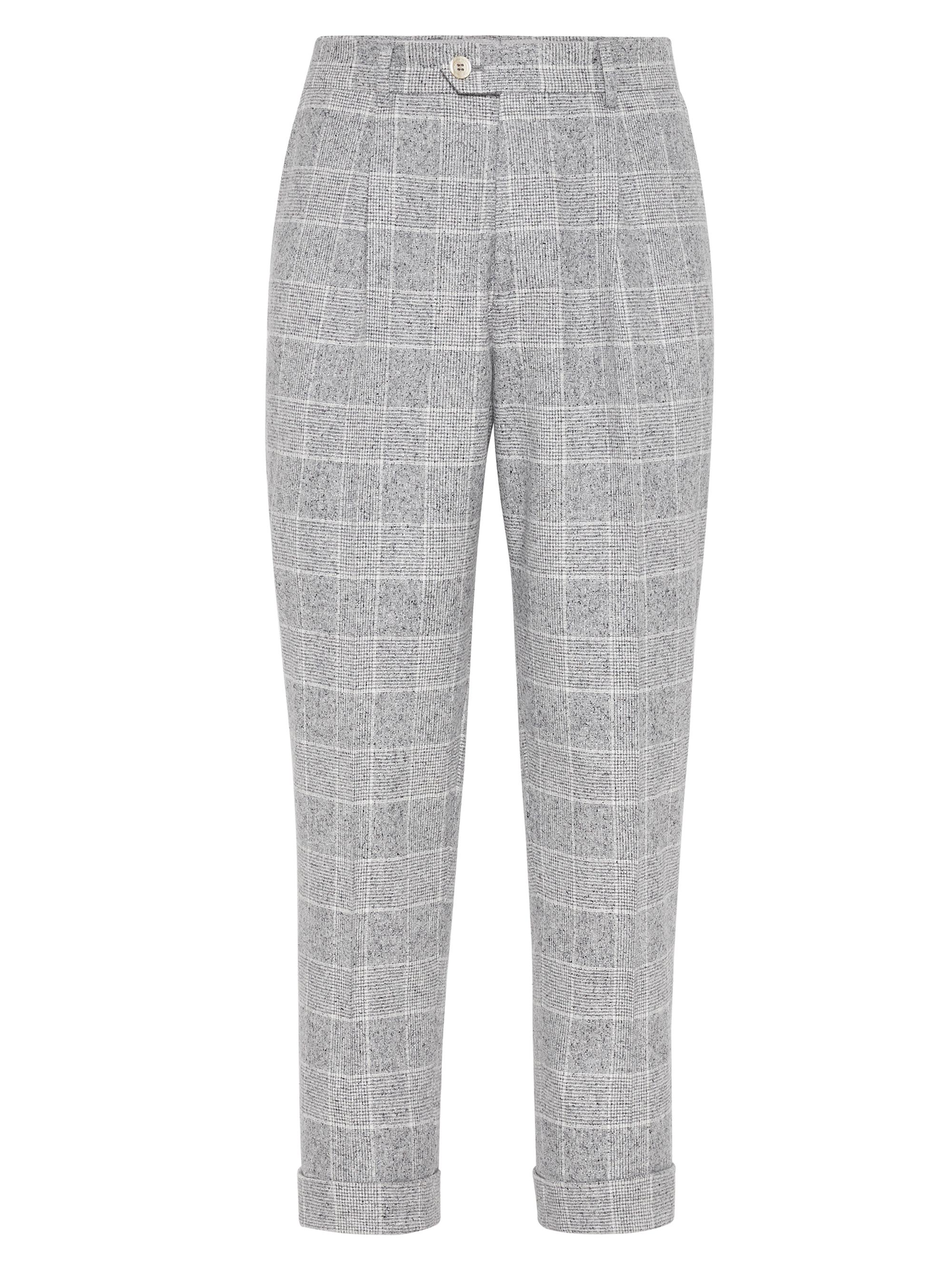 Brunello Cucinelli Men's Prince of Wales Leisure Fit Trousers with Pleats - Pearl Grey