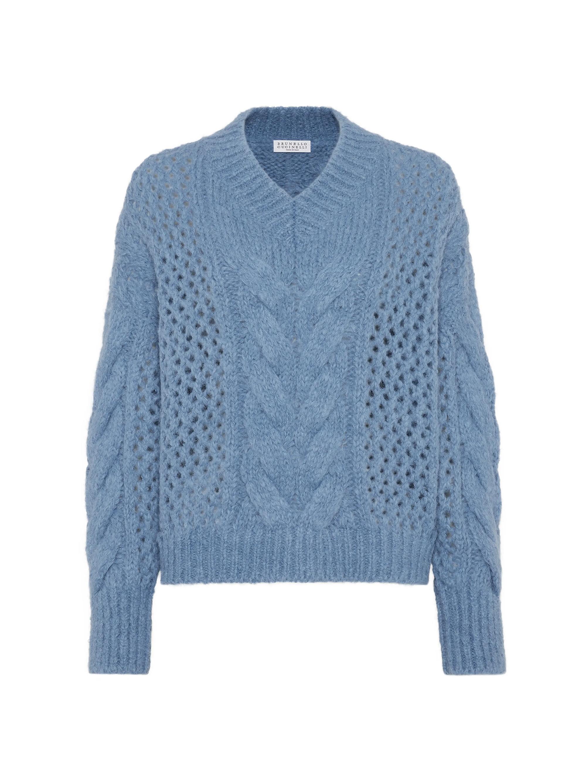 Brunello Cucinelli Women's Alpaca and Wool Cable Net Sweater with Monili - Denim