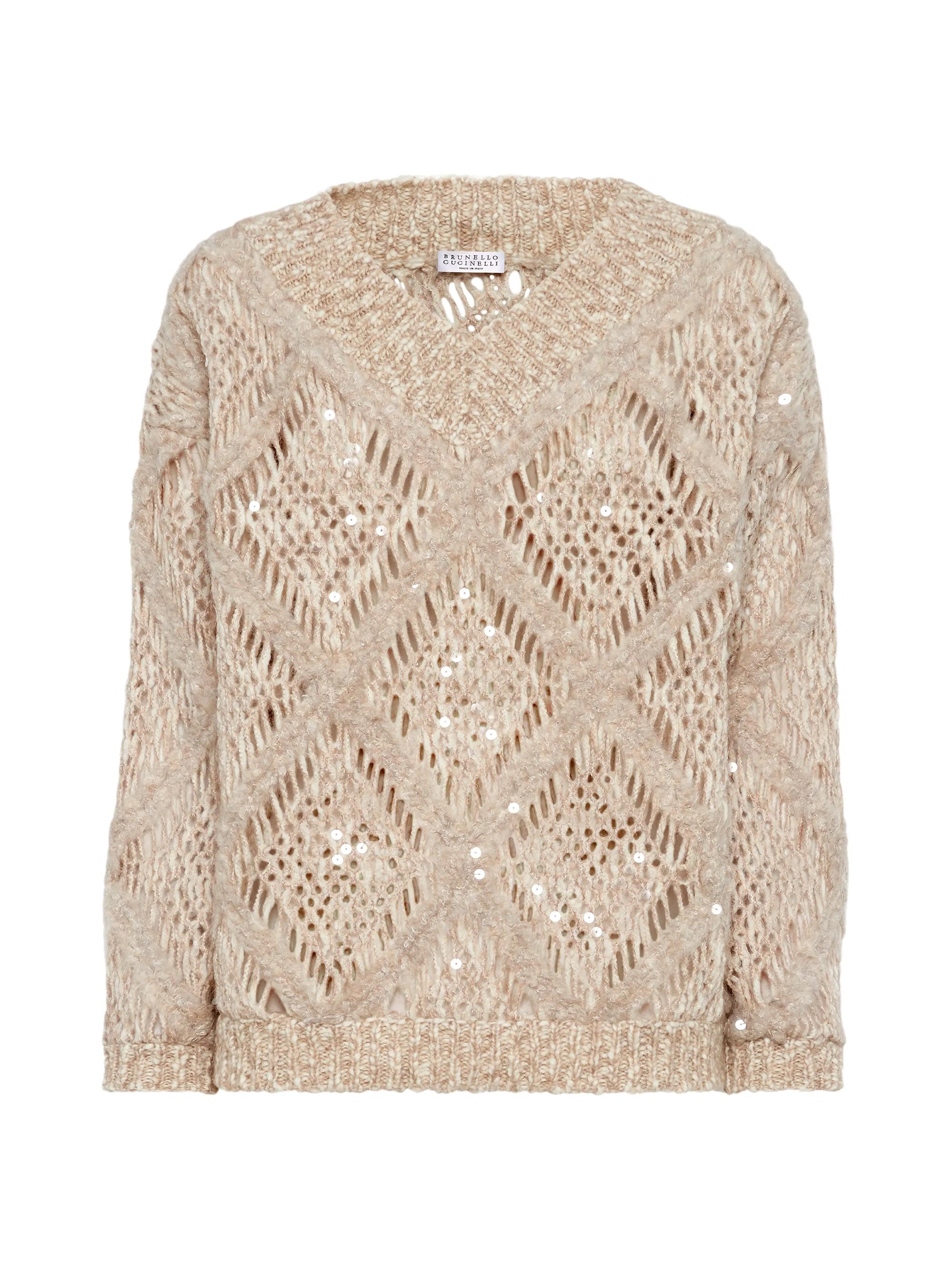 Brunello Cucinelli Women's Sweater with Dazzling Macro Argyle Embroidery - Beige