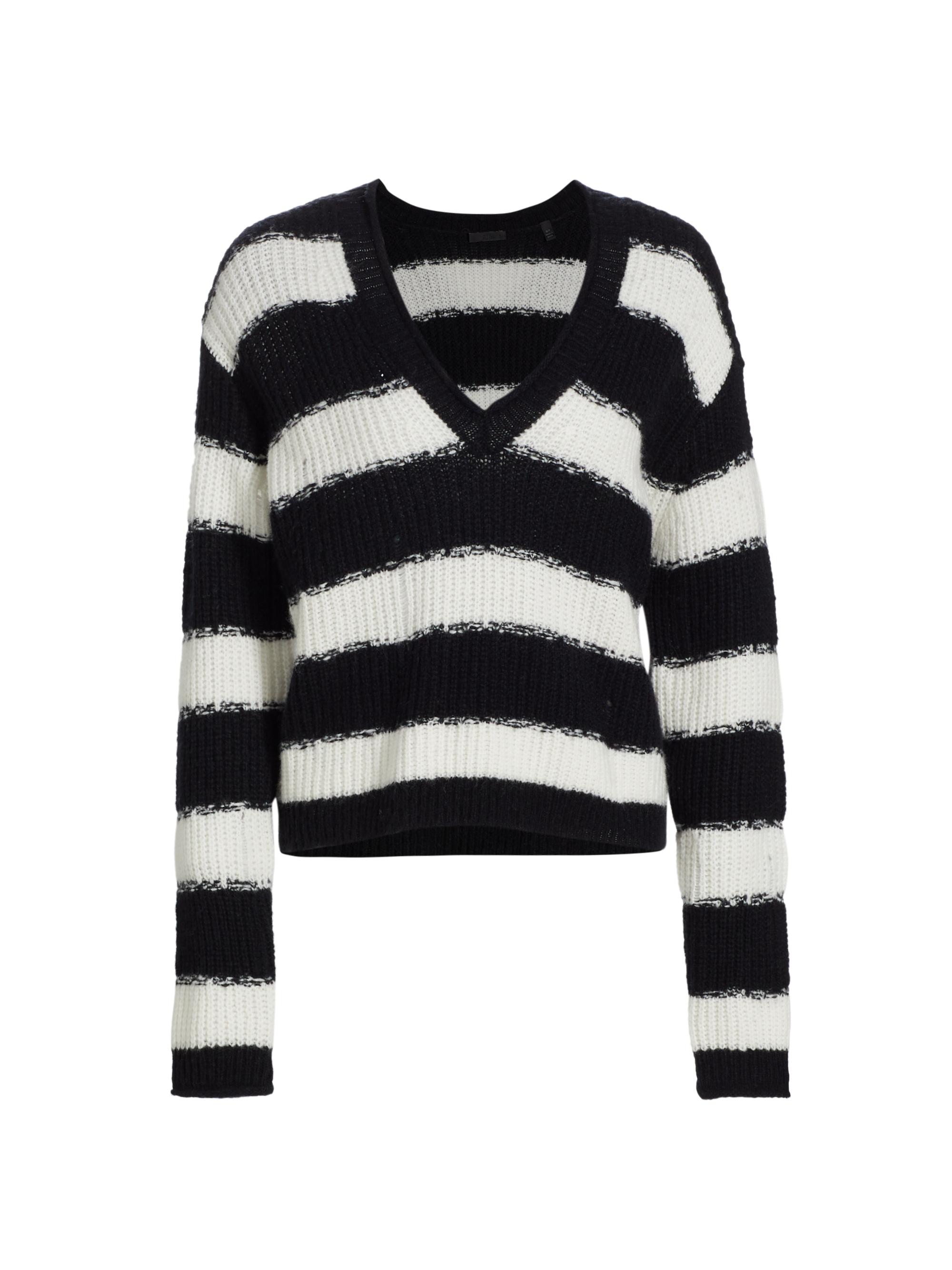 ATM Anthony Thomas Melillo Women's Wool Blend Stripe V-Neck Sweater - Black Chalk