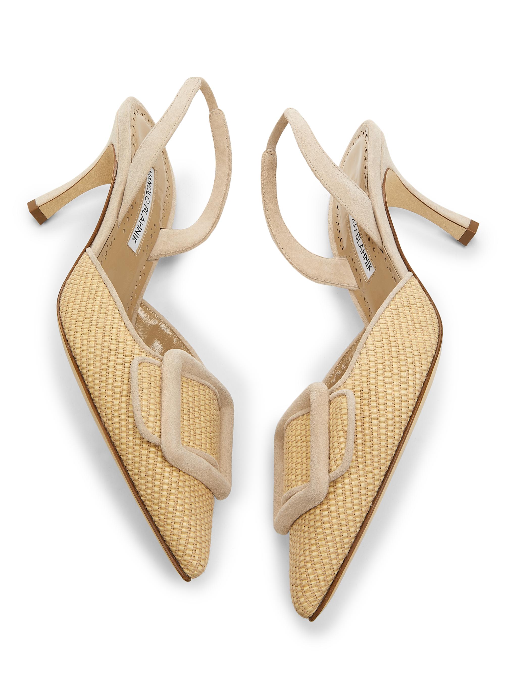 Manolo Blahnik Mayslibi 70MM Raffia & Leather Slingback Pumps