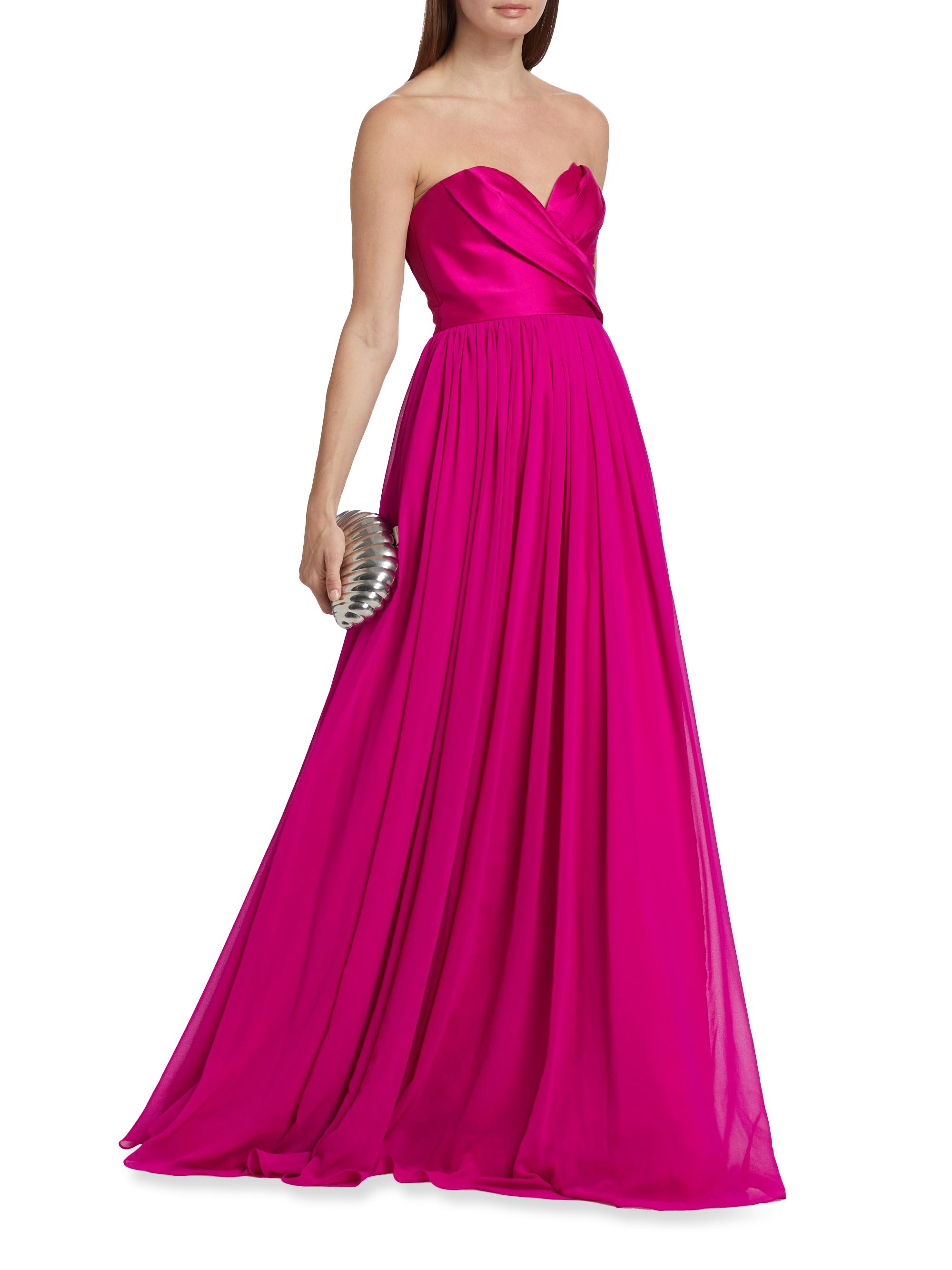Badgley Mischka Women's Strapless Georgette Gown - Fuchsia - back view in Fuchsia