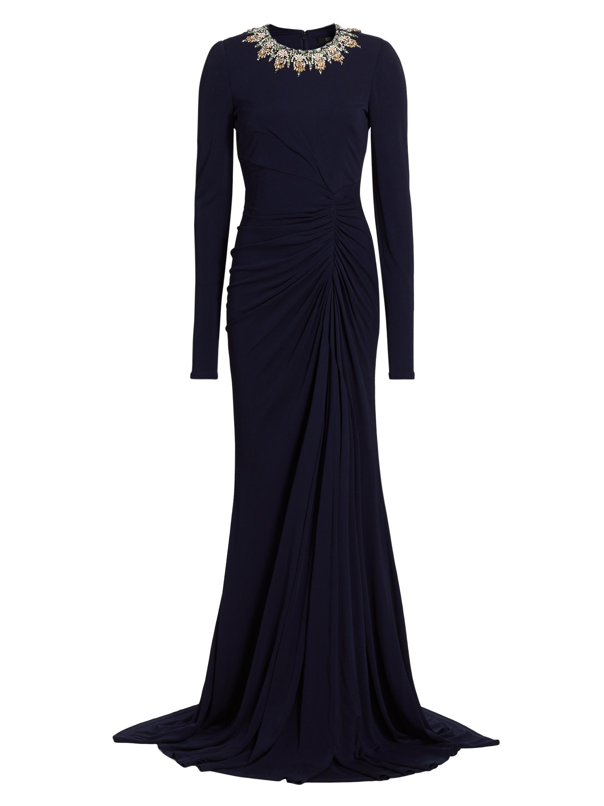 Badgley Mischka Women's Beaded Jersey Mermaid Gown - Navy