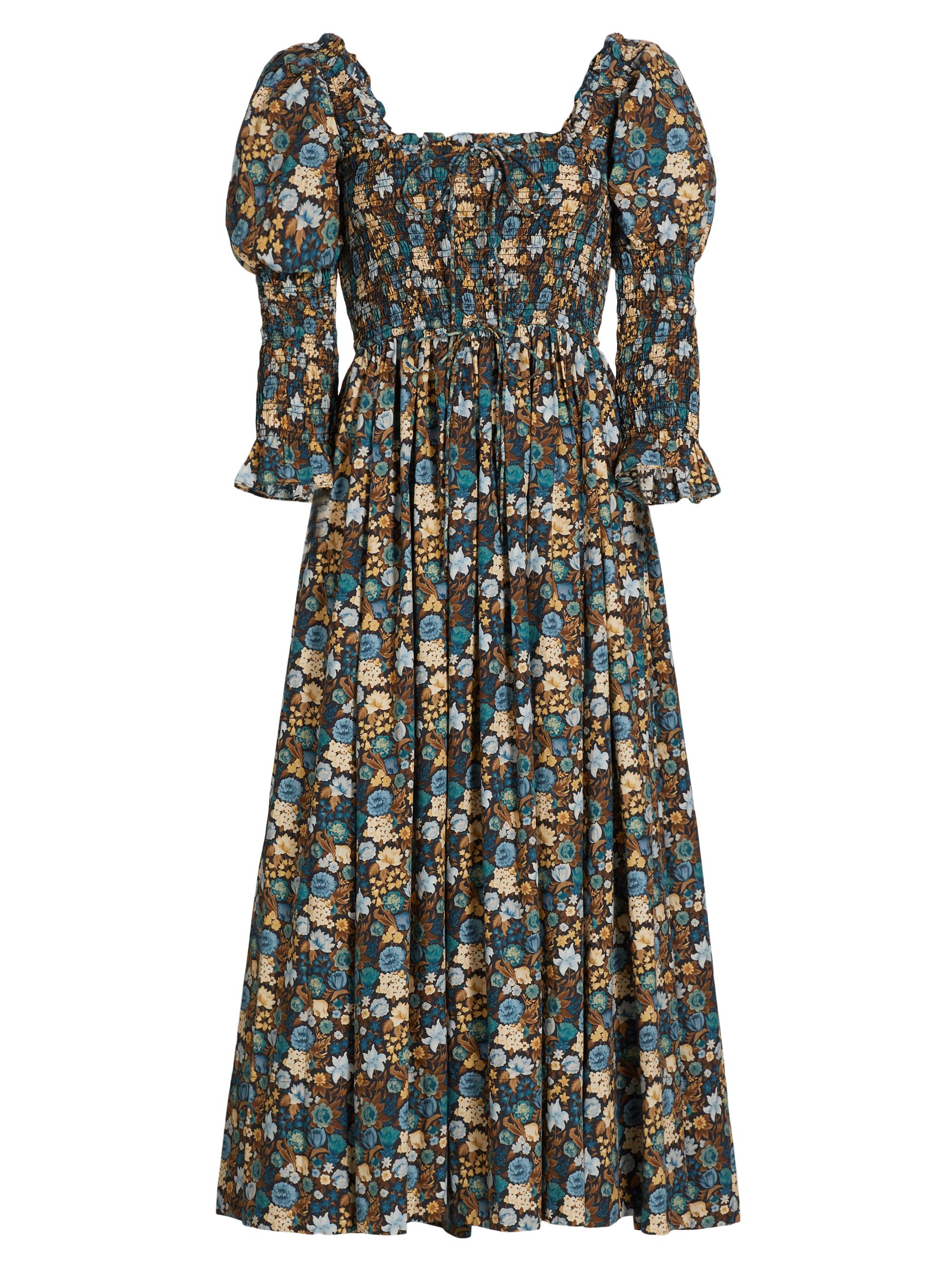 DÔEN Women's Bijou Floral Cotton Smocked Midi-Dress - Bleu Arbor Floral