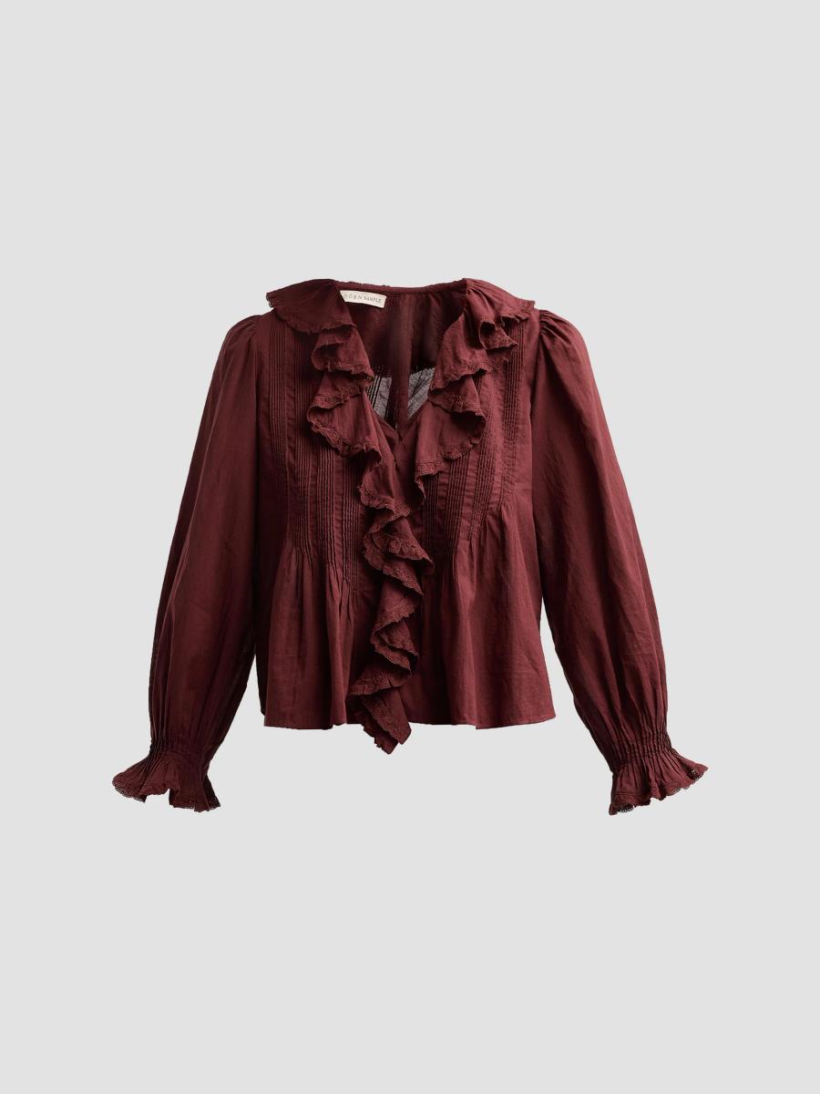 Doen Women's Hardy Pintuck Cotton Ruffle V-neck Blouse In Dahlia